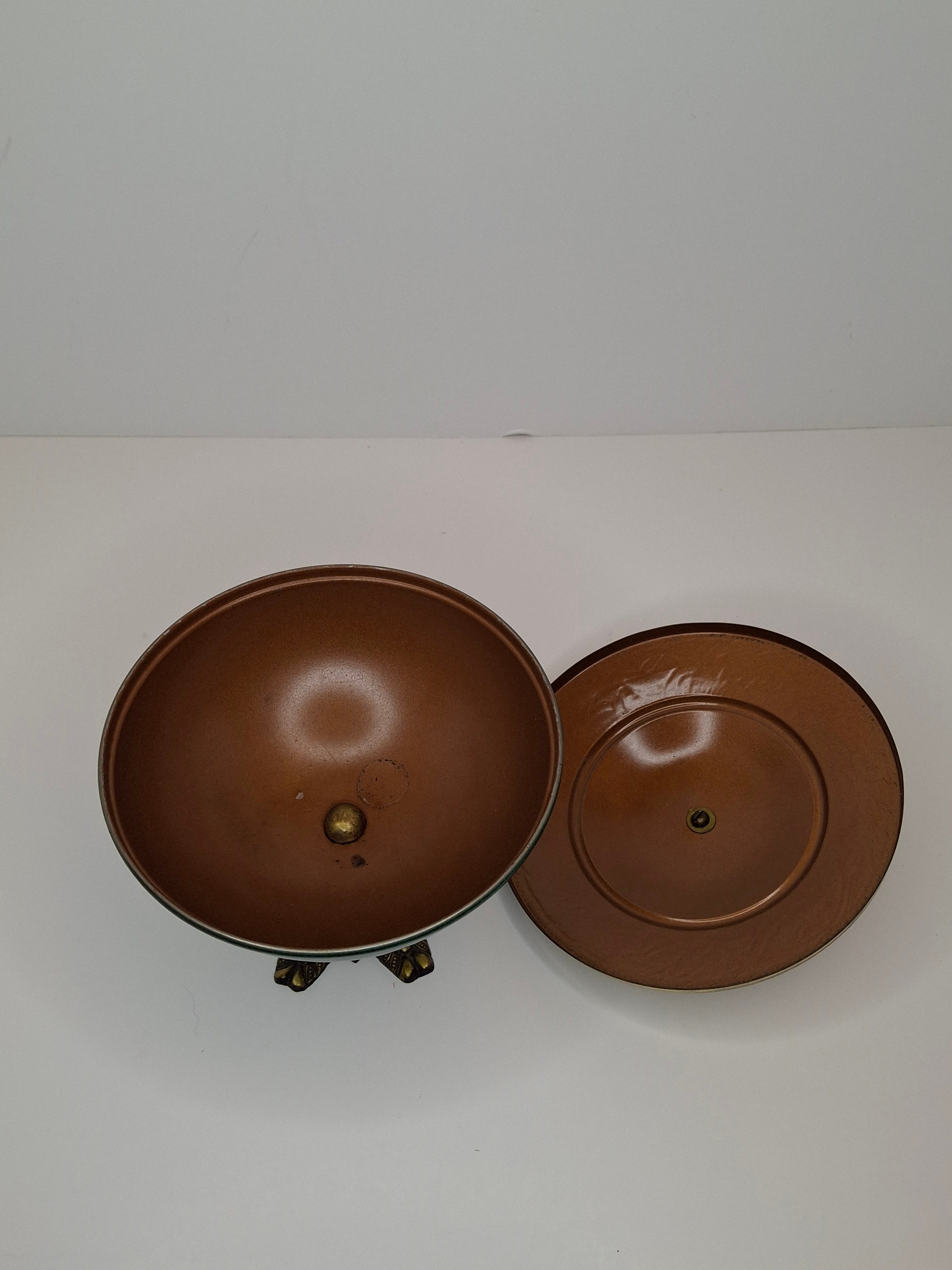 Vintage Sabra Brand Israeli Brass & Turquoise-Green Enamel Lidded Trinket / Candy Bowl with Leaf Finial - Made in Israel, Mid-Century Judaica Decor