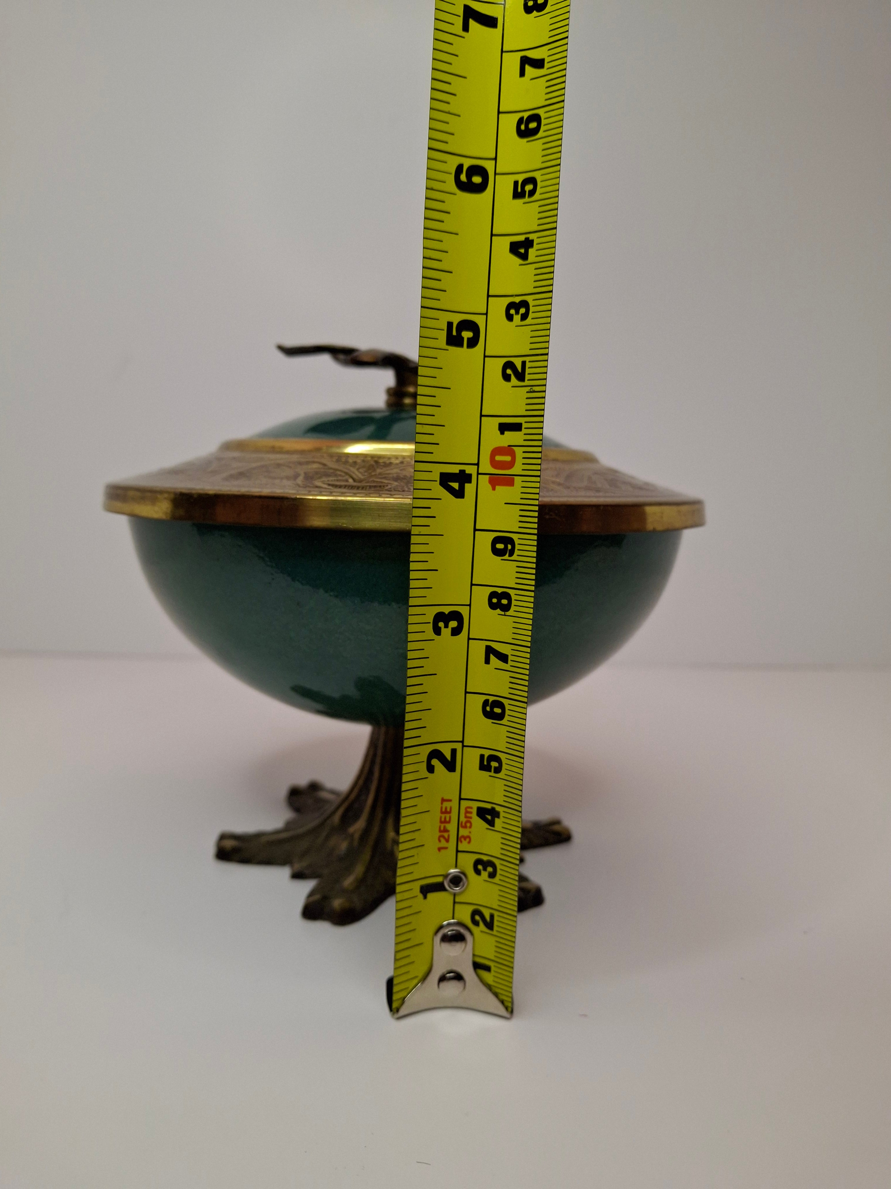 Vintage Sabra Brand Israeli Brass & Turquoise-Green Enamel Lidded Trinket / Candy Bowl with Leaf Finial - Made in Israel, Mid-Century Judaica Decor