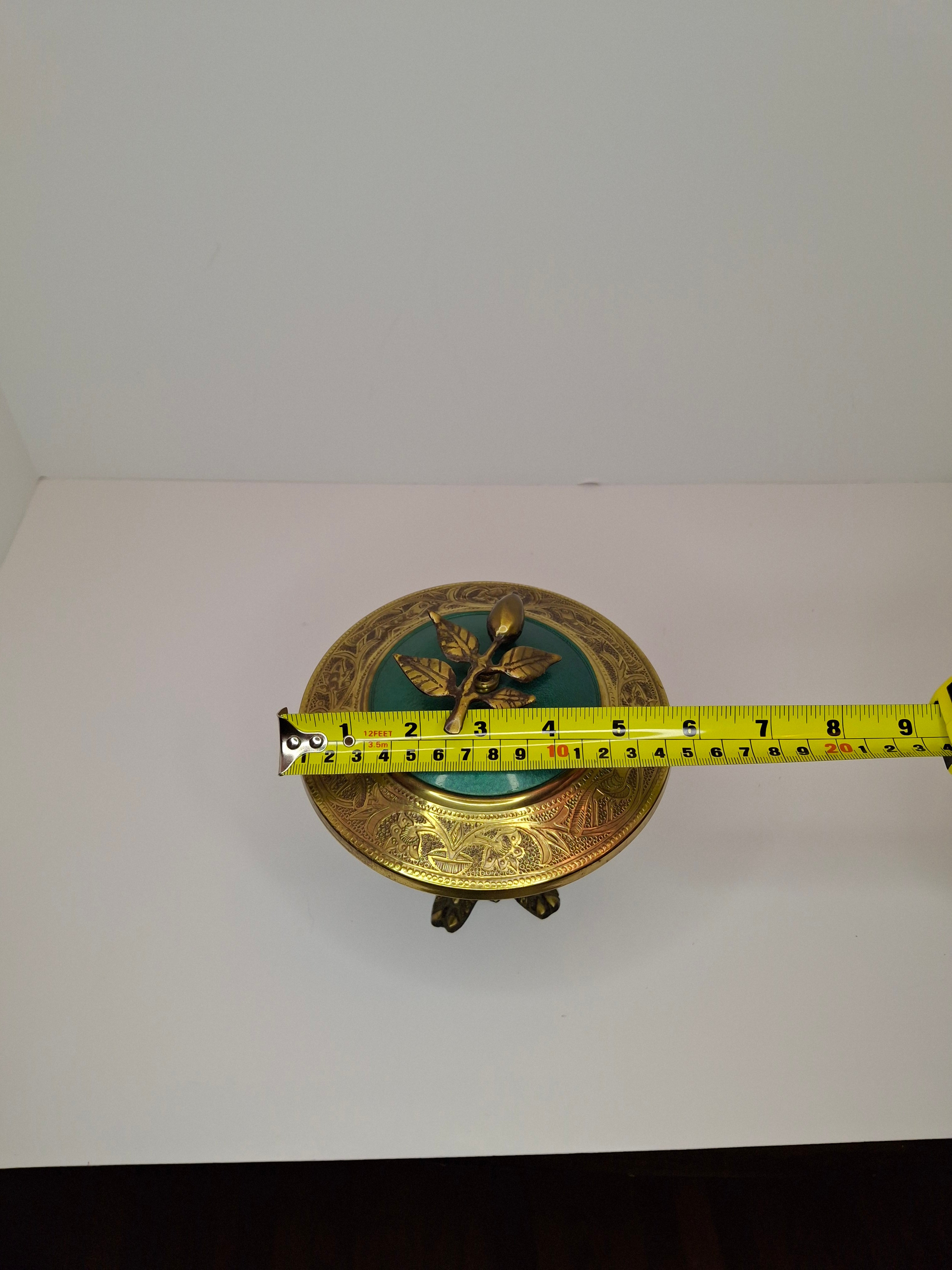 Vintage Sabra Brand Israeli Brass & Turquoise-Green Enamel Lidded Trinket / Candy Bowl with Leaf Finial - Made in Israel, Mid-Century Judaica Decor