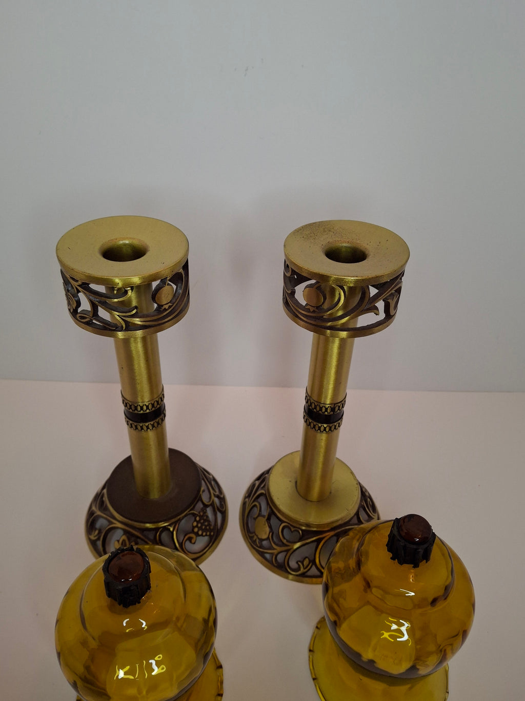 Oppenheim Vintage Israeli Brass Shabbat Candlesticks Glass Hurricane Shades
