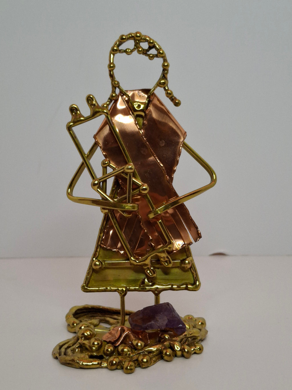 Vintage Copa Judaica Brazilian Brutalist Bat Mitzvah Girl Figurine and Tzedakah Box Set - Copper Brass with Amethyst Stones, Made in Brazil