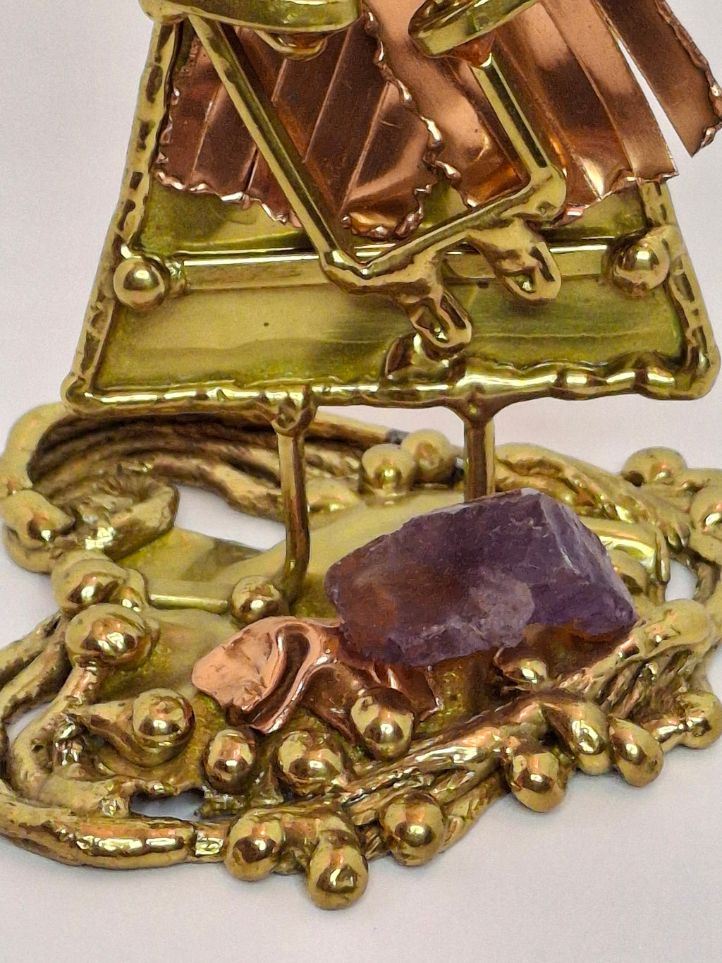 Vintage Copa Judaica Brazilian Brutalist Bat Mitzvah Girl Figurine and Tzedakah Box Set - Copper Brass with Amethyst Stones, Made in Brazil