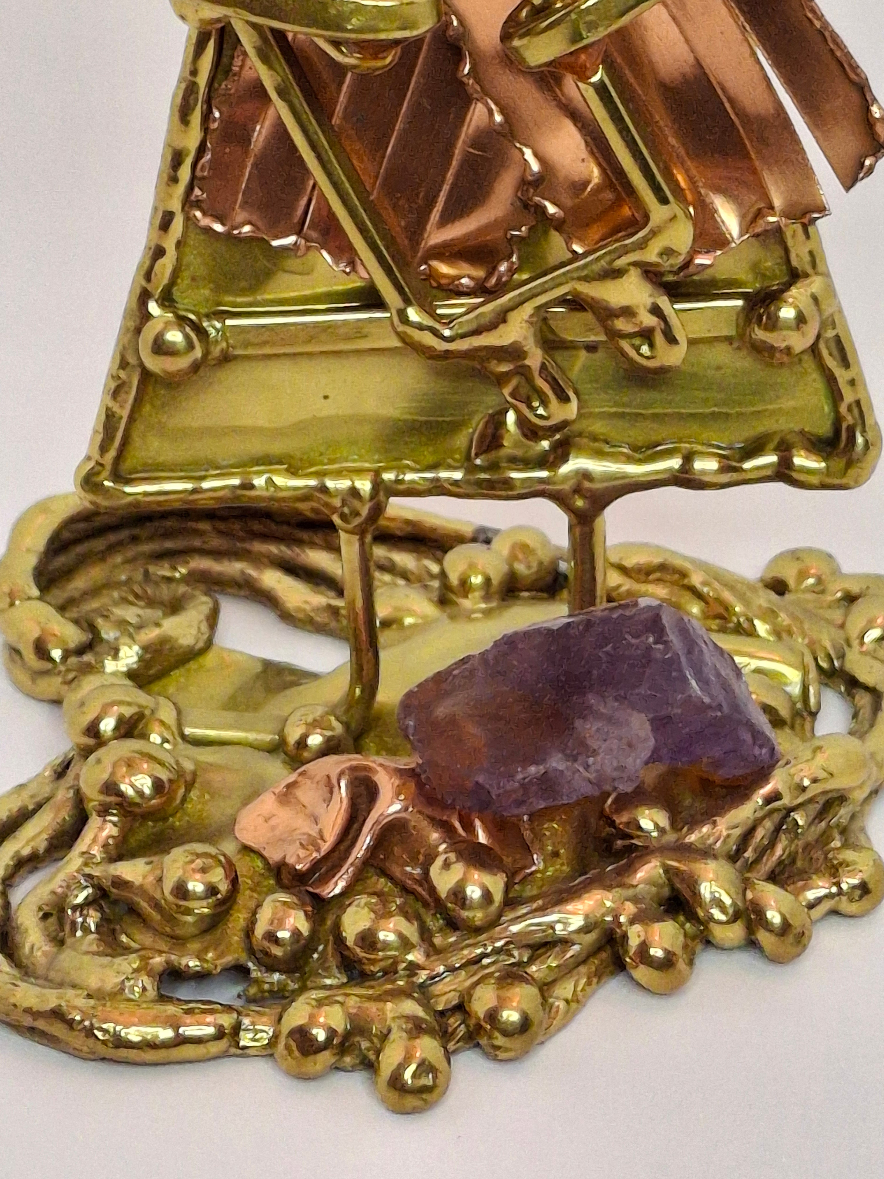 Vintage Copa Judaica Brazilian Brutalist Bat Mitzvah Girl Figurine and Tzedakah Box Set - Copper Brass with Amethyst Stones, Made in Brazil