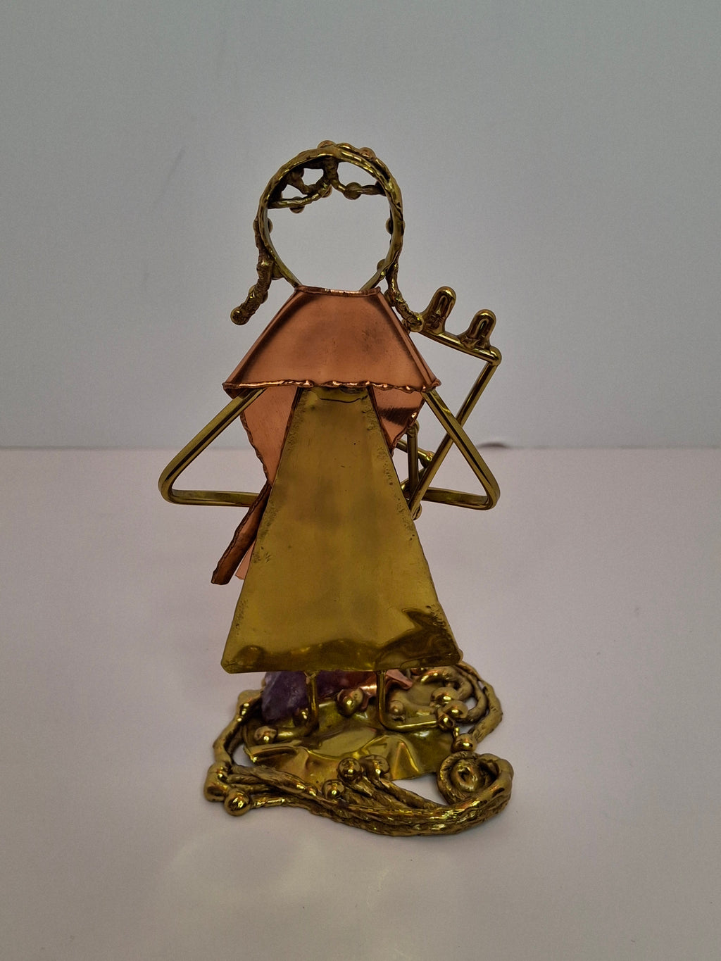 Vintage Copa Judaica Brazilian Brutalist Bat Mitzvah Girl Figurine and Tzedakah Box Set - Copper Brass with Amethyst Stones, Made in Brazil