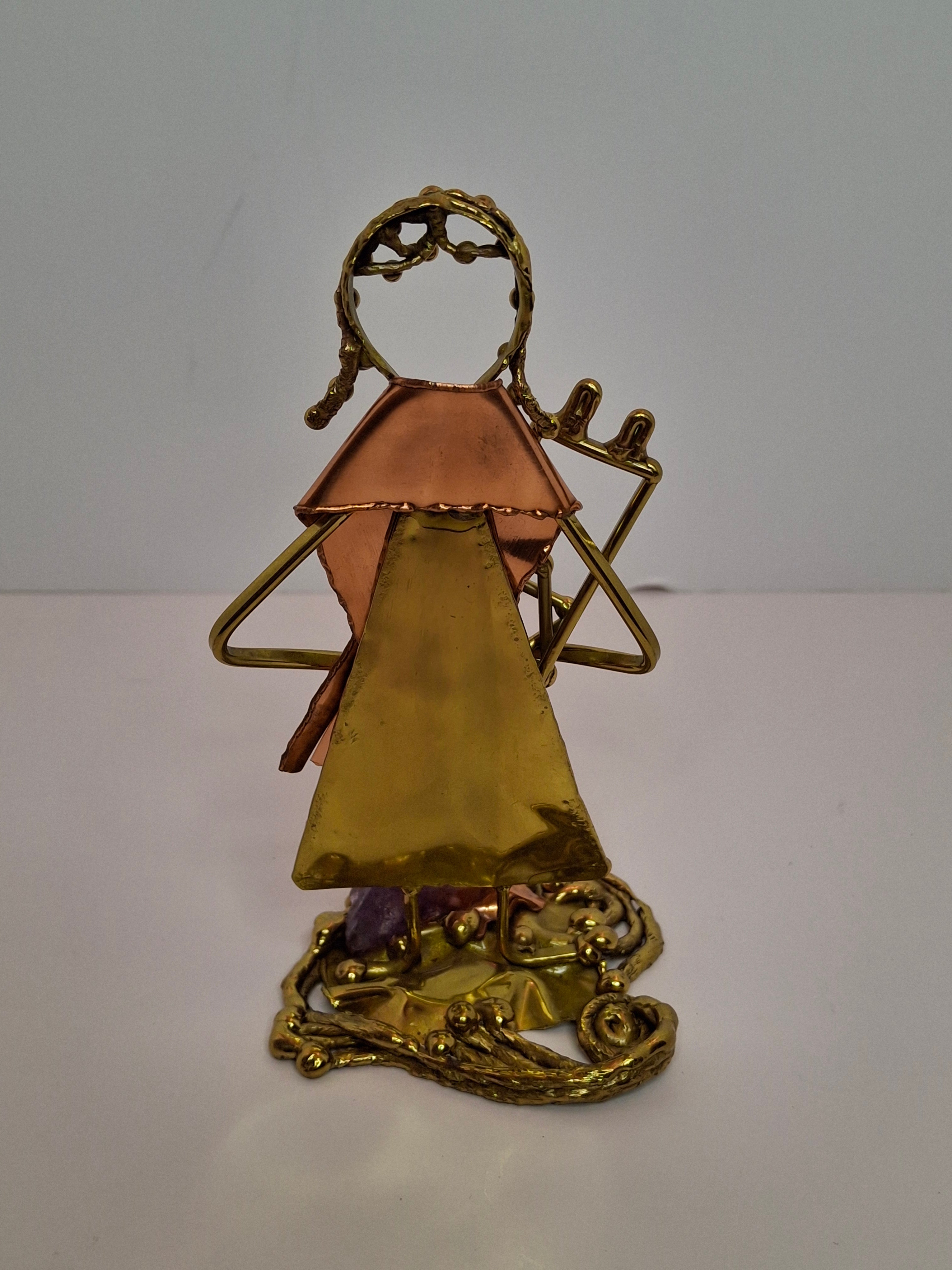 Vintage Copa Judaica Brazilian Brutalist Bat Mitzvah Girl Figurine and Tzedakah Box Set - Copper Brass with Amethyst Stones, Made in Brazil