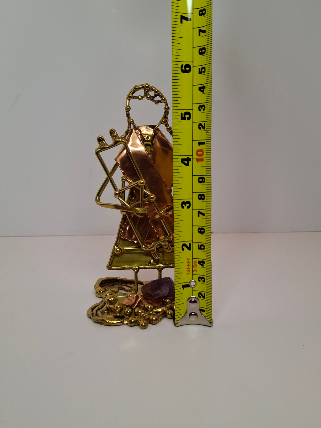 Vintage Copa Judaica Brazilian Brutalist Bat Mitzvah Girl Figurine and Tzedakah Box Set - Copper Brass with Amethyst Stones, Made in Brazil