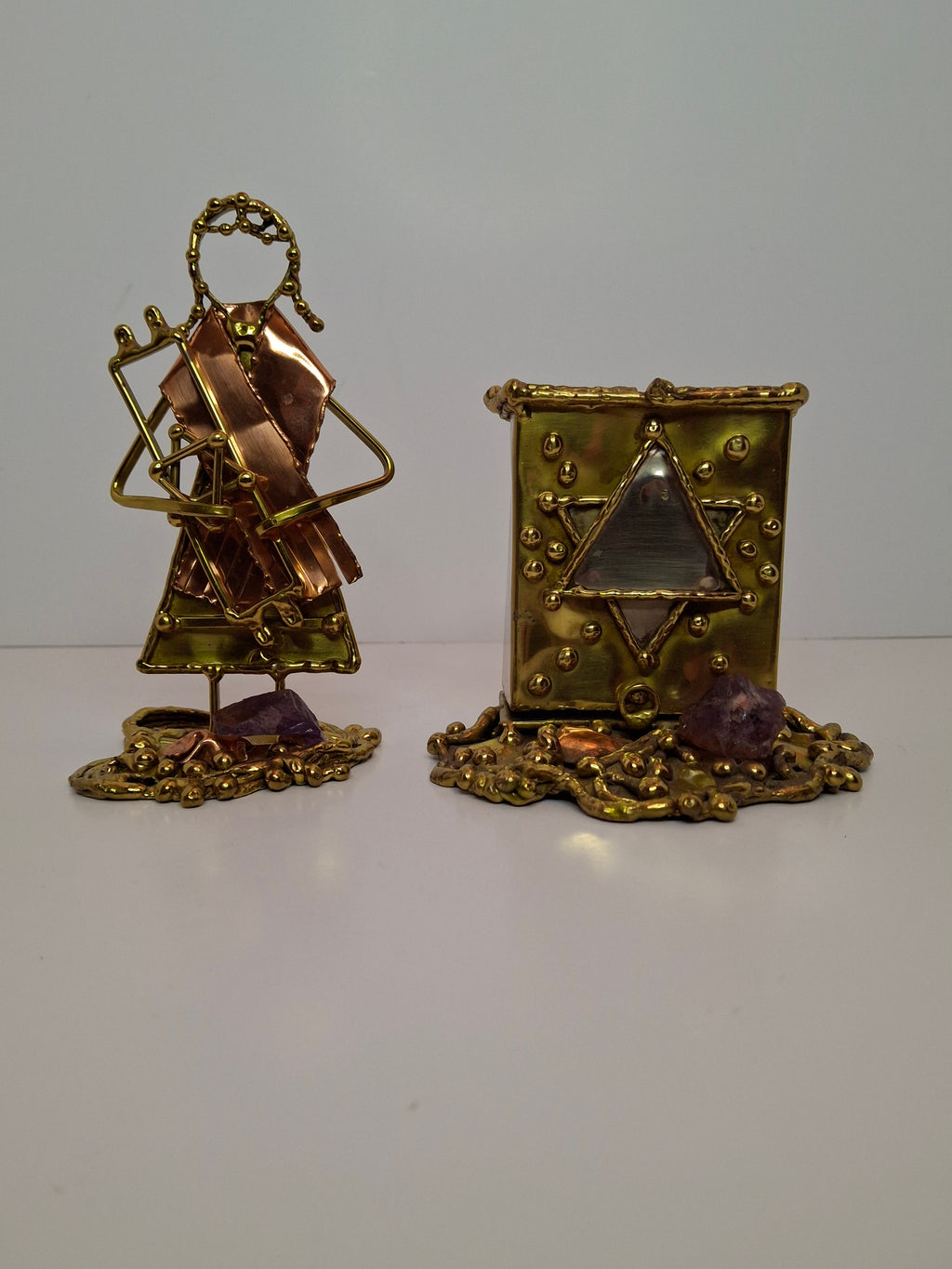 Vintage Copa Judaica Brazilian Brutalist Bat Mitzvah Girl Figurine and Tzedakah Box Set - Copper Brass with Amethyst Stones, Made in Brazil