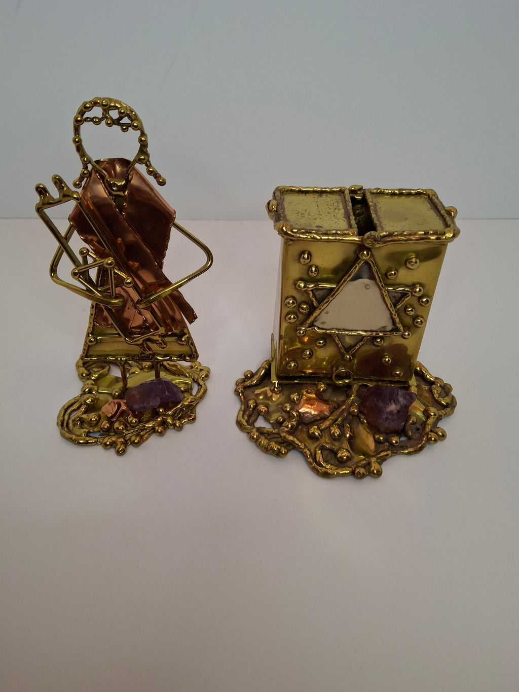 Vintage Copa Judaica Brazilian Brutalist Bat Mitzvah Girl Figurine and Tzedakah Box Set - Copper Brass with Amethyst Stones, Made in Brazil