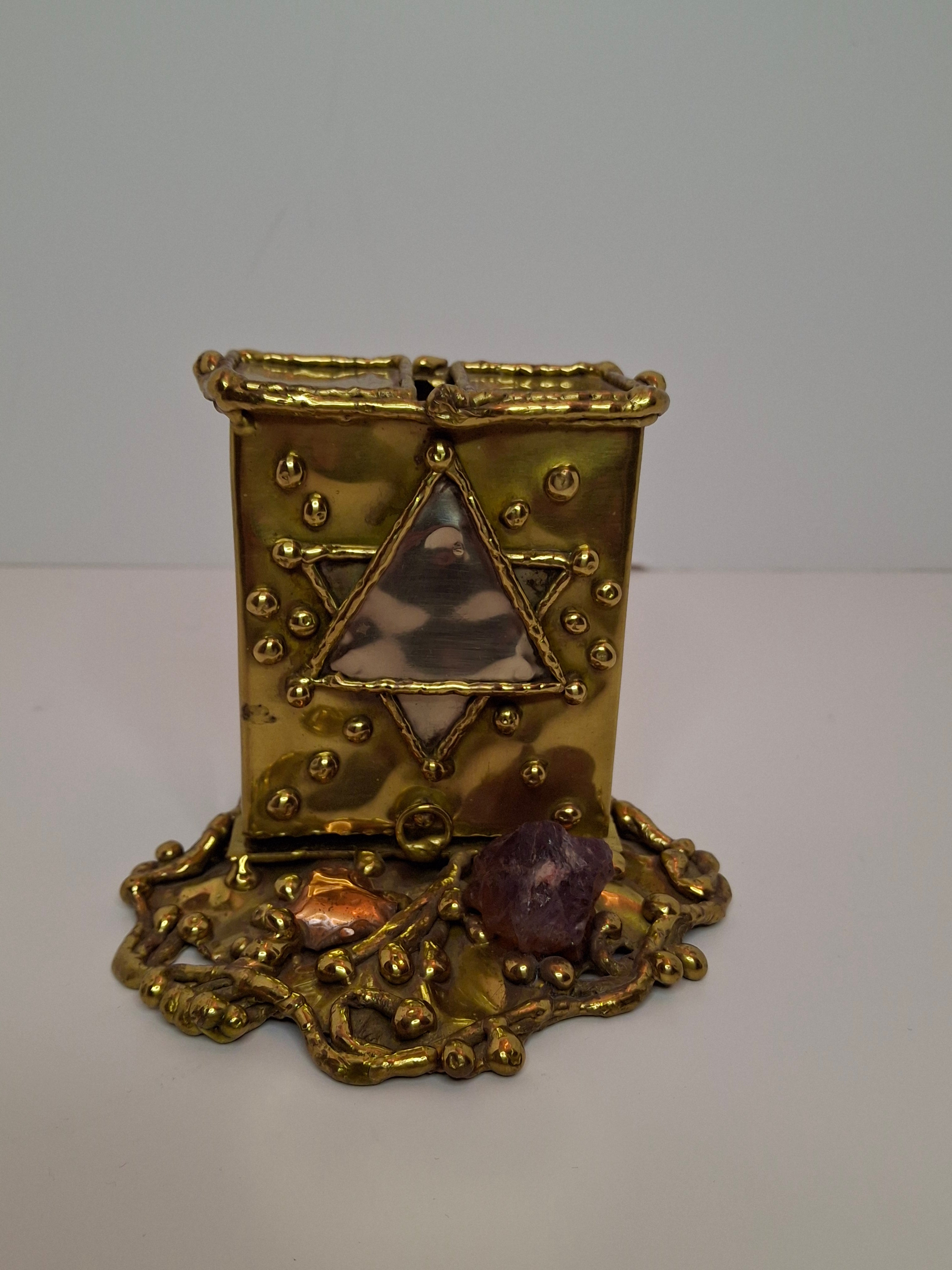 Vintage Copa Judaica Brazilian Brutalist Bat Mitzvah Girl Figurine and Tzedakah Box Set - Copper Brass with Amethyst Stones, Made in Brazil