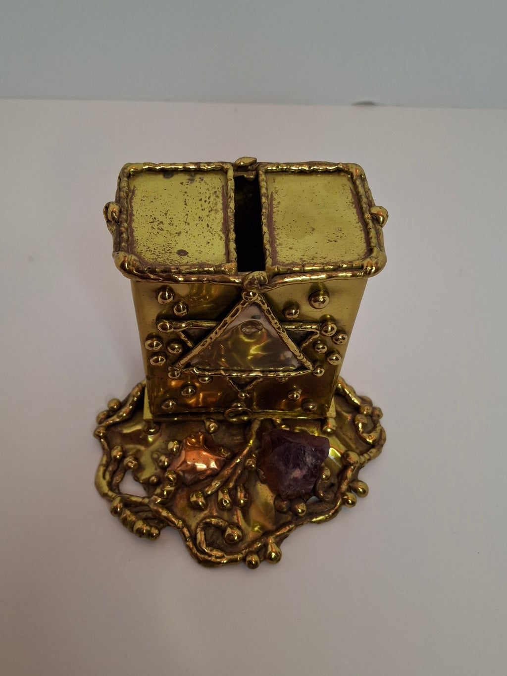 Vintage Copa Judaica Brazilian Brutalist Bat Mitzvah Girl Figurine and Tzedakah Box Set - Copper Brass with Amethyst Stones, Made in Brazil