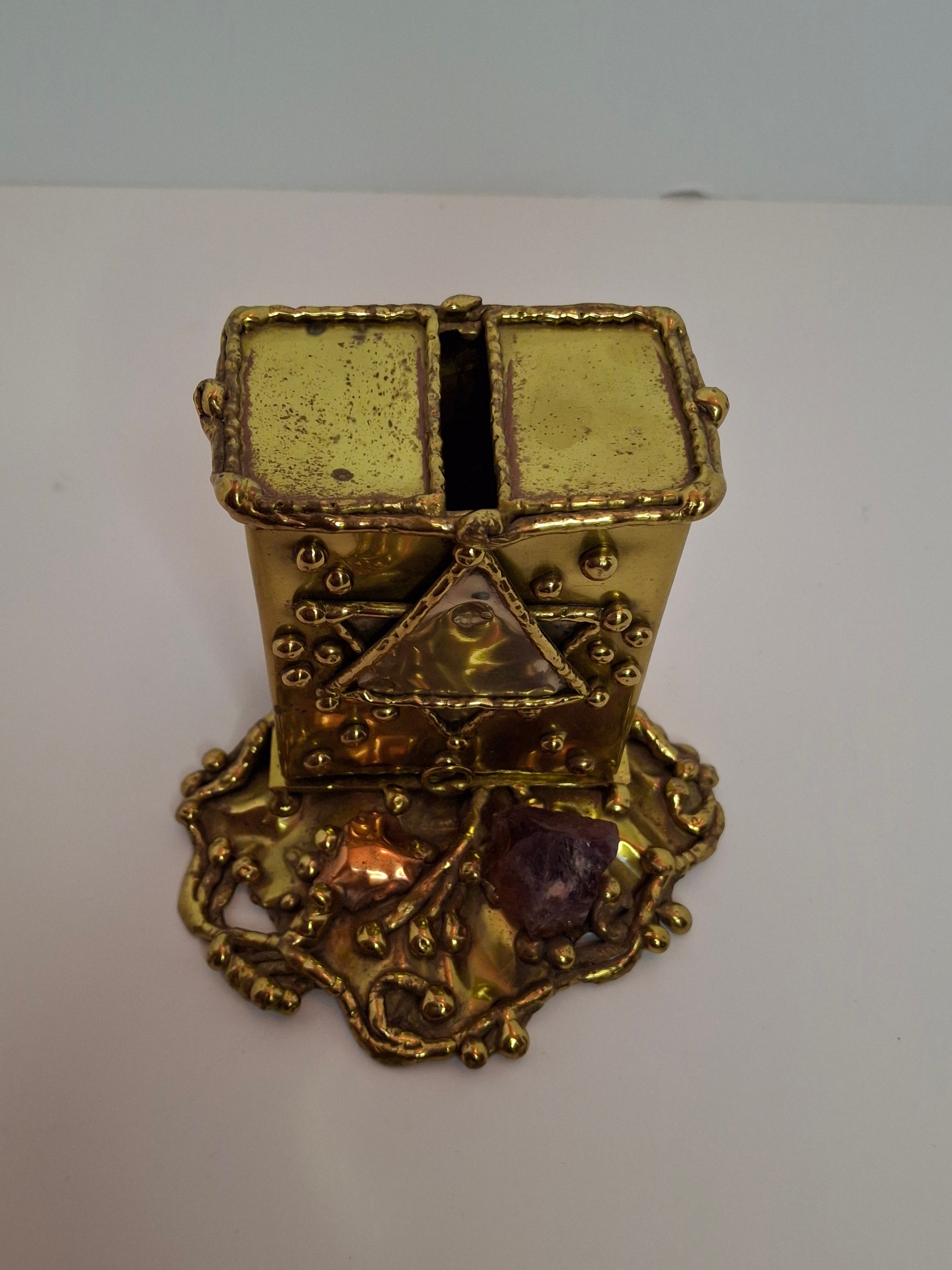 Vintage Copa Judaica Brazilian Brutalist Bat Mitzvah Girl Figurine and Tzedakah Box Set - Copper Brass with Amethyst Stones, Made in Brazil