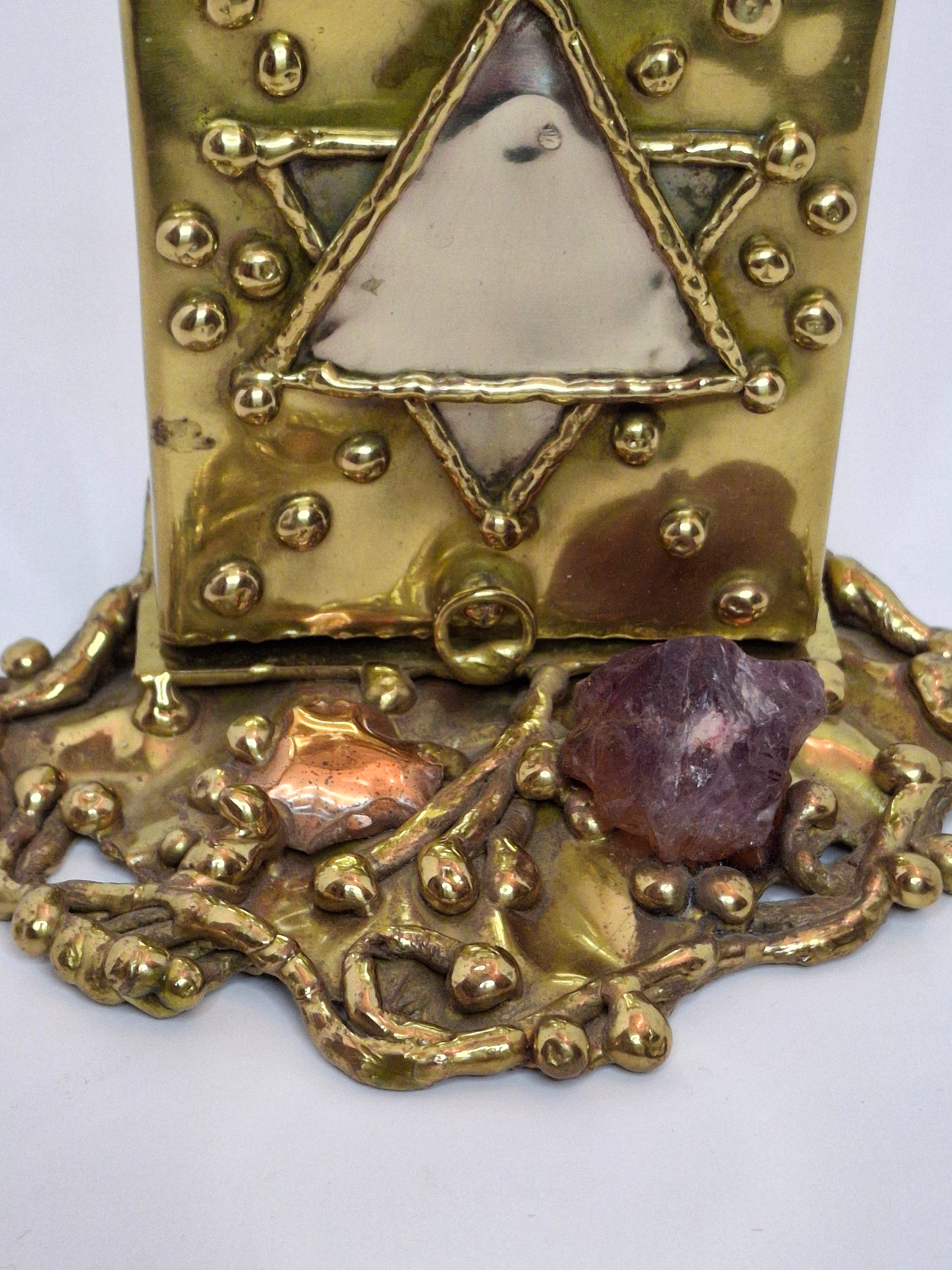 Vintage Copa Judaica Brazilian Brutalist Bat Mitzvah Girl Figurine and Tzedakah Box Set - Copper Brass with Amethyst Stones, Made in Brazil