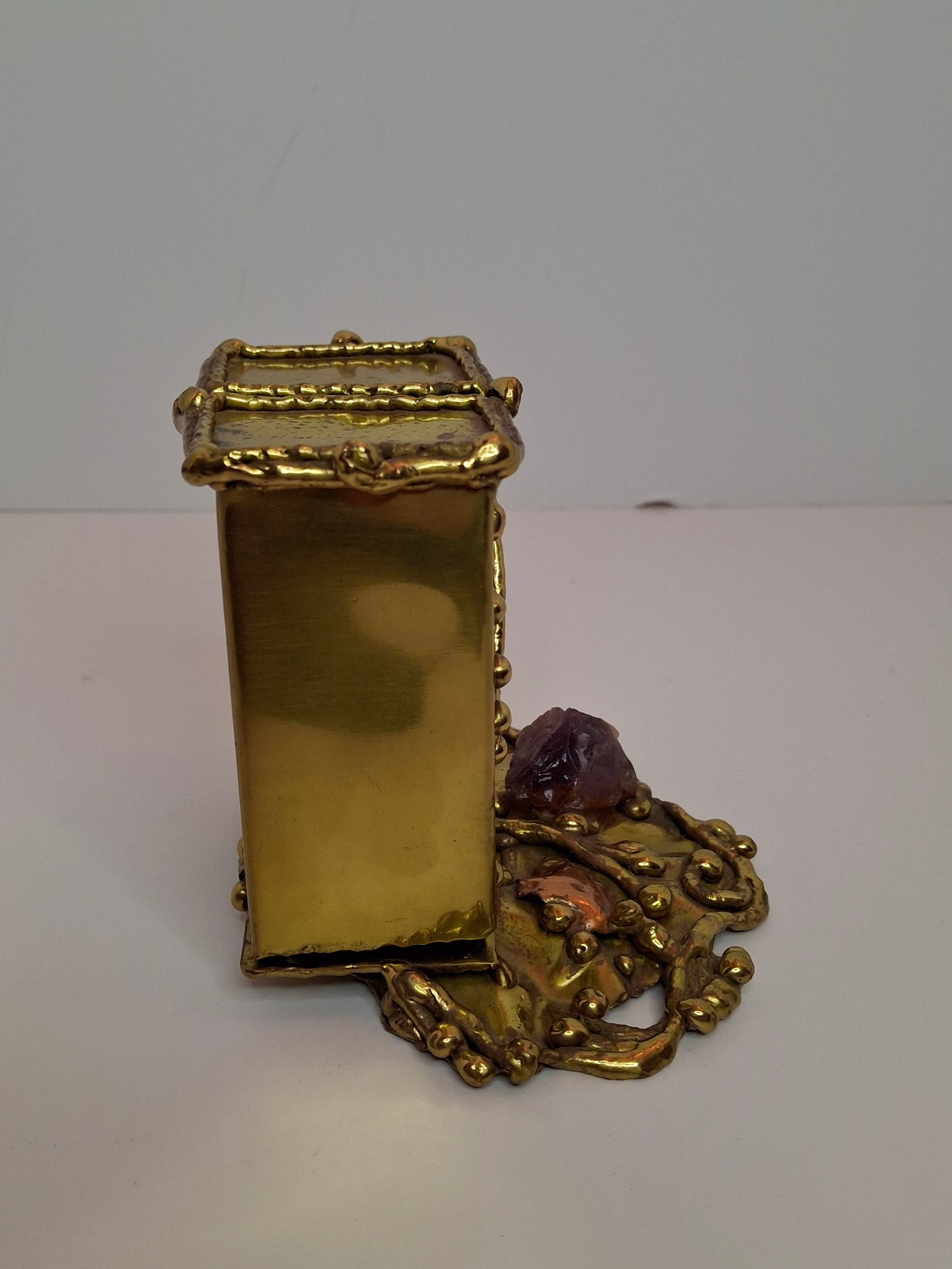 Vintage Copa Judaica Brazilian Brutalist Bat Mitzvah Girl Figurine and Tzedakah Box Set - Copper Brass with Amethyst Stones, Made in Brazil