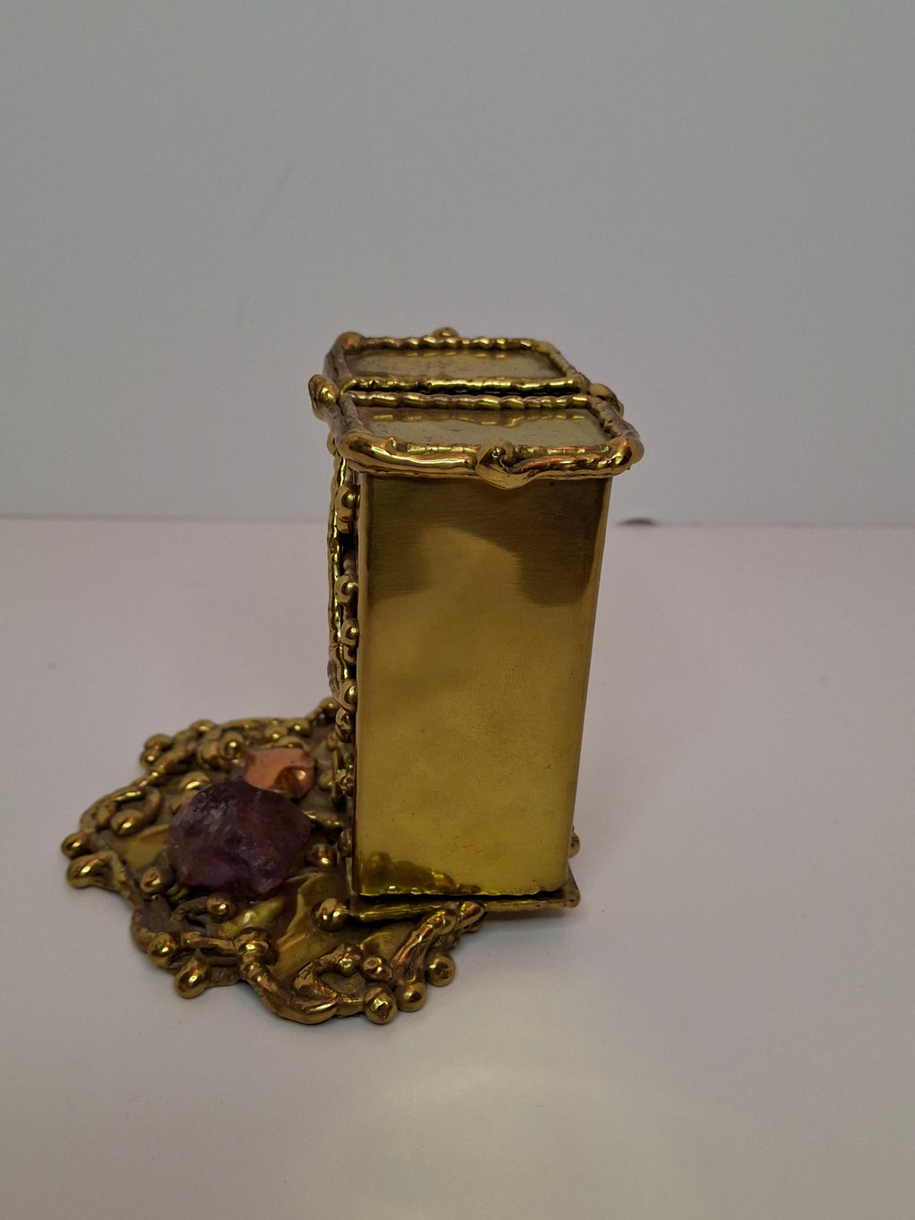 Vintage Copa Judaica Brazilian Brutalist Bat Mitzvah Girl Figurine and Tzedakah Box Set - Copper Brass with Amethyst Stones, Made in Brazil