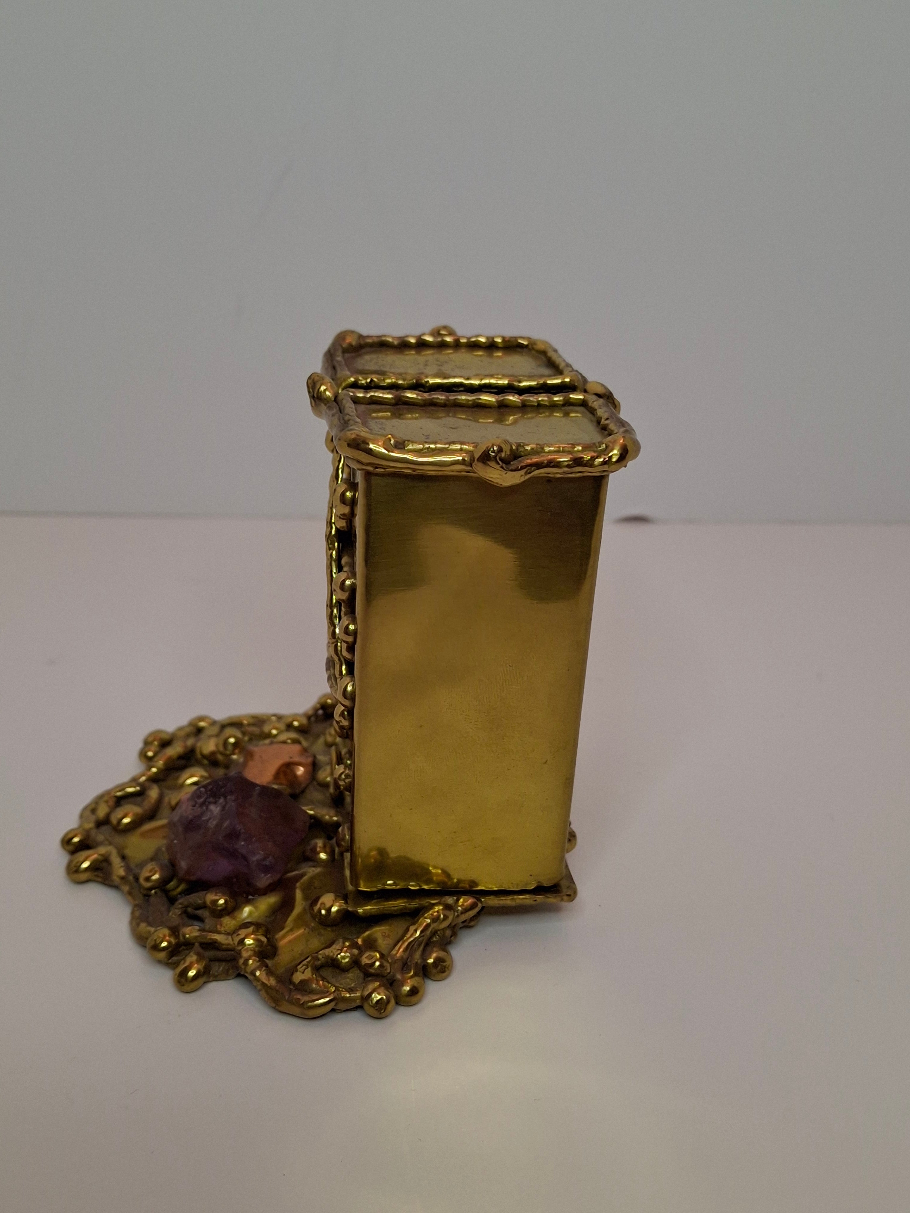 Vintage Copa Judaica Brazilian Brutalist Bat Mitzvah Girl Figurine and Tzedakah Box Set - Copper Brass with Amethyst Stones, Made in Brazil