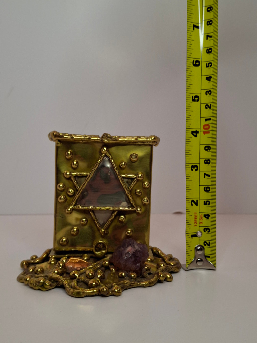 Vintage Copa Judaica Brazilian Brutalist Bat Mitzvah Girl Figurine and Tzedakah Box Set - Copper Brass with Amethyst Stones, Made in Brazil