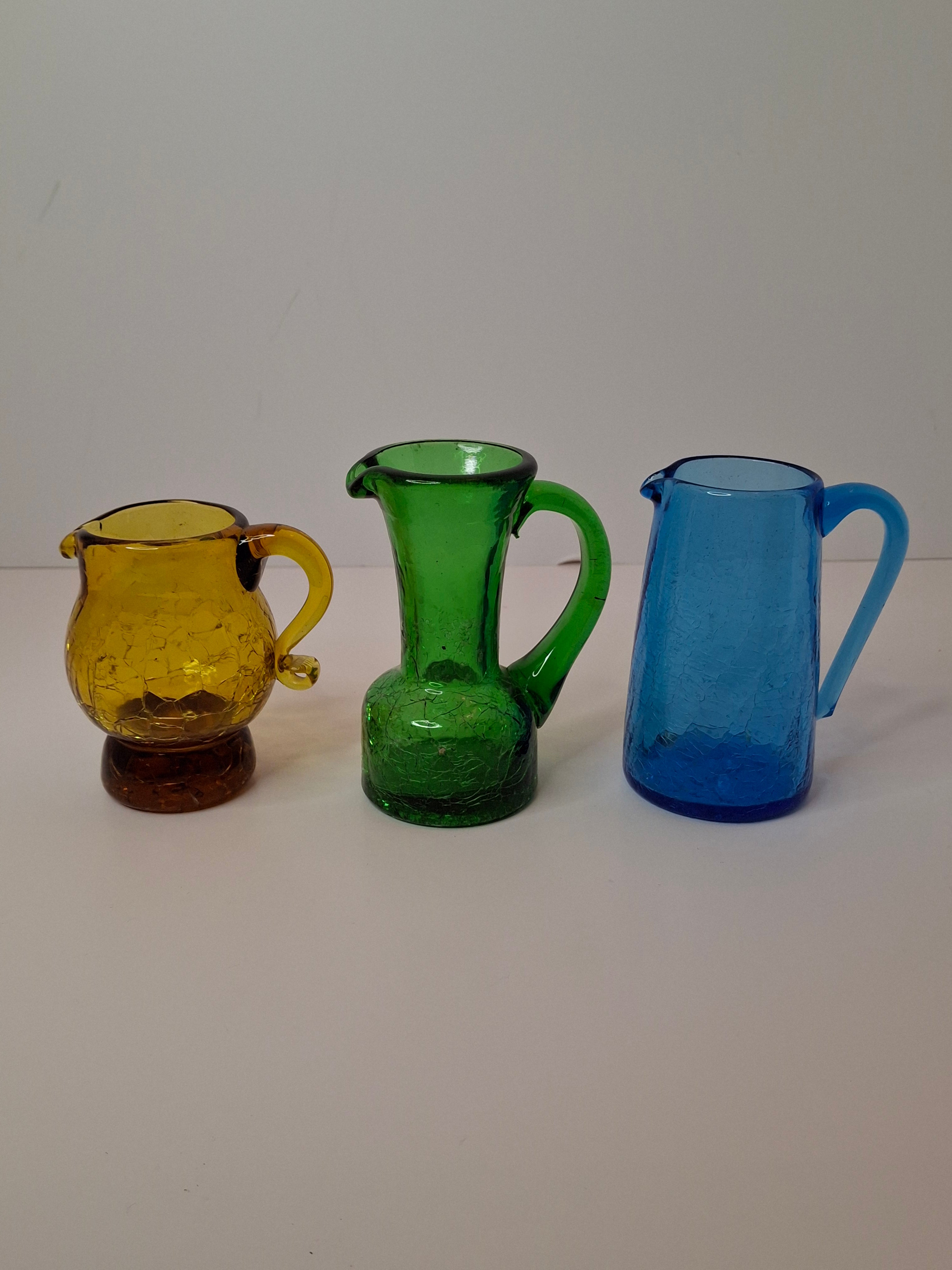 Vintage Lot of Mini Crackle Glass Pitchers - Cobalt Blue & Emerald Green, Amber