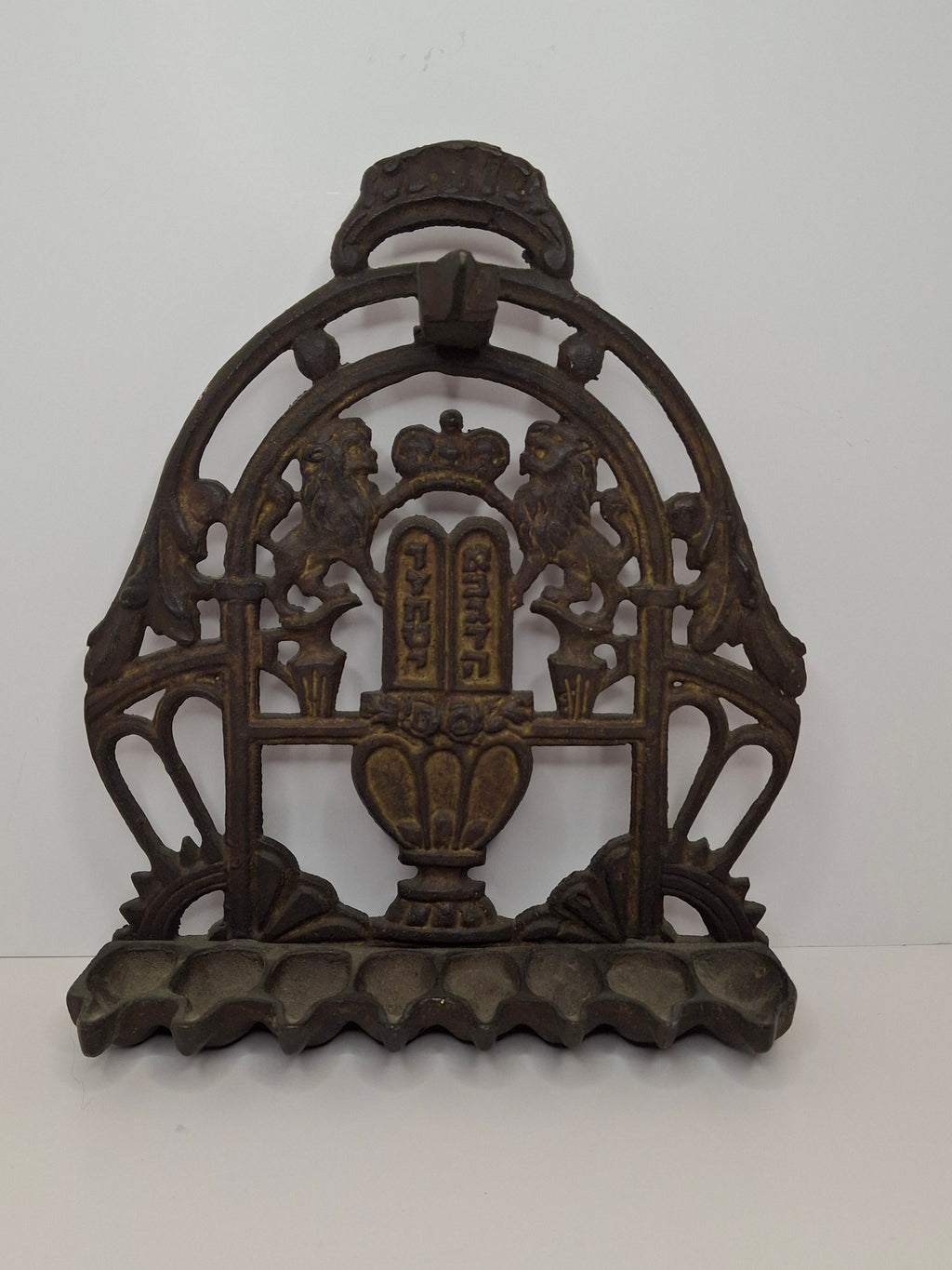 Cast Brass Hanukkah Menorah w/ Lions of Judah & Ten Commandments, Circa 1900