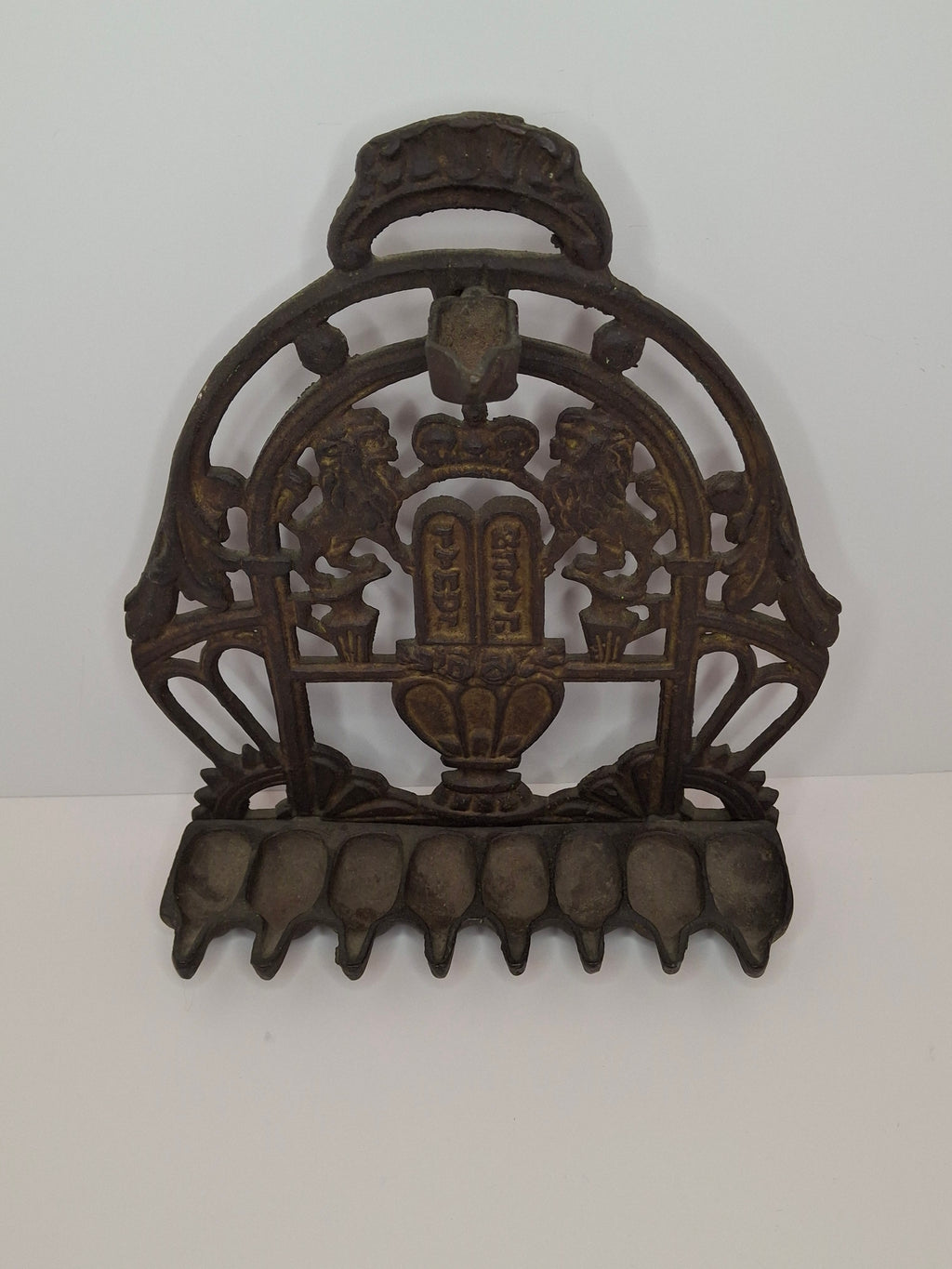 Cast Brass Hanukkah Menorah w/ Lions of Judah & Ten Commandments, Circa 1900