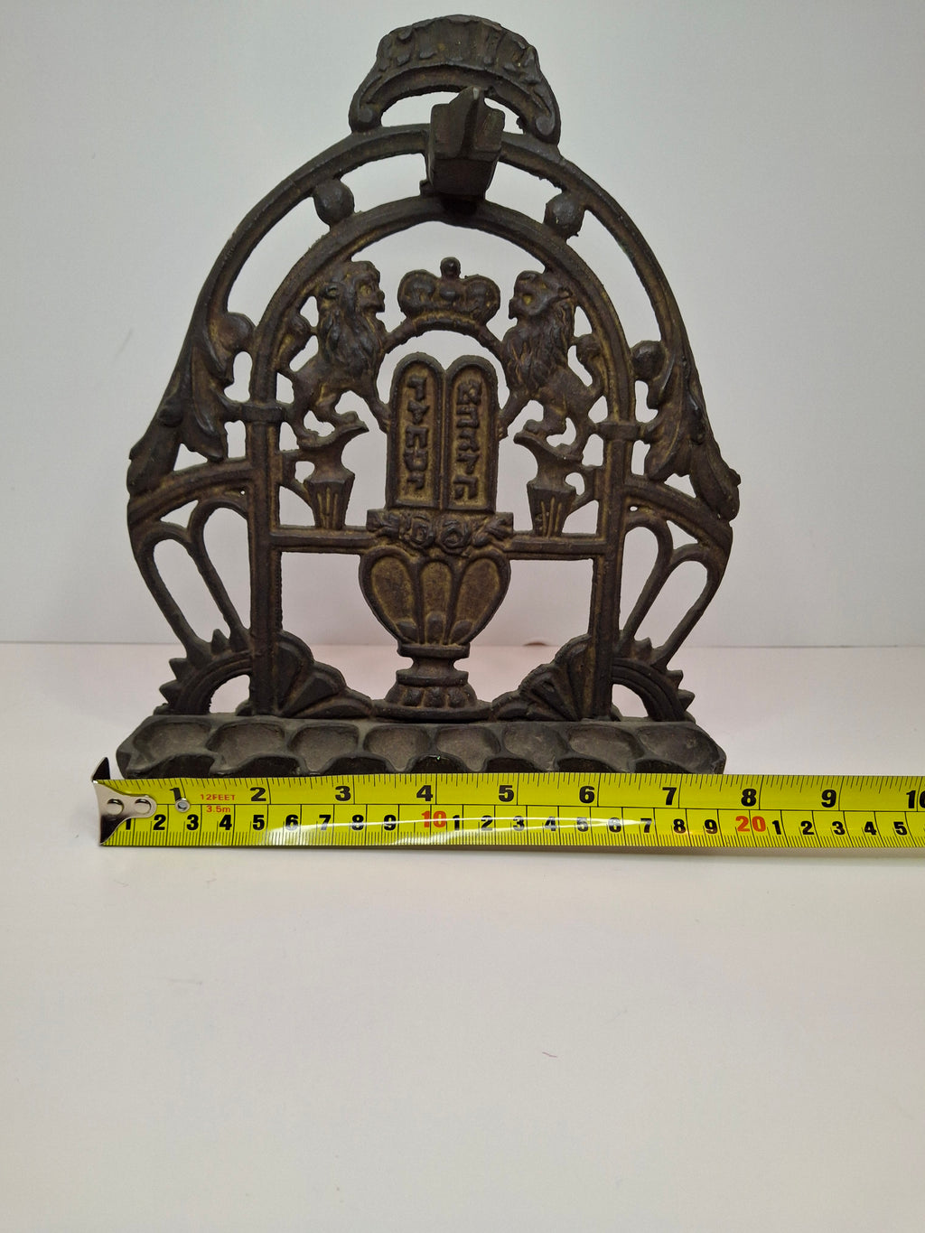 Cast Brass Hanukkah Menorah w/ Lions of Judah & Ten Commandments, Circa 1900
