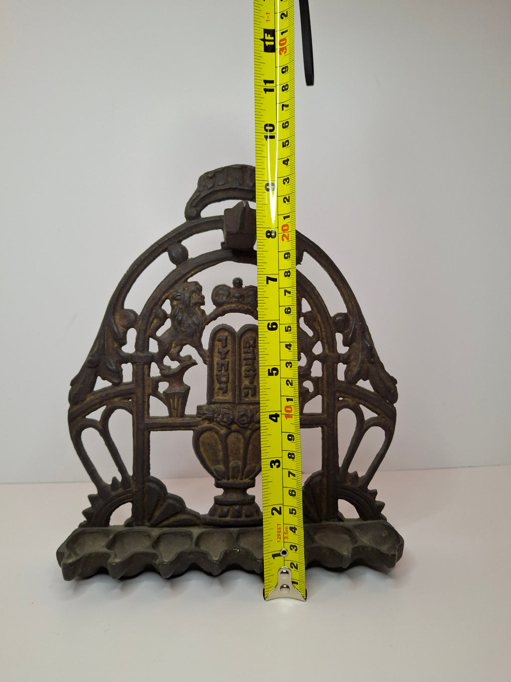 Cast Brass Hanukkah Menorah w/ Lions of Judah & Ten Commandments, Circa 1900