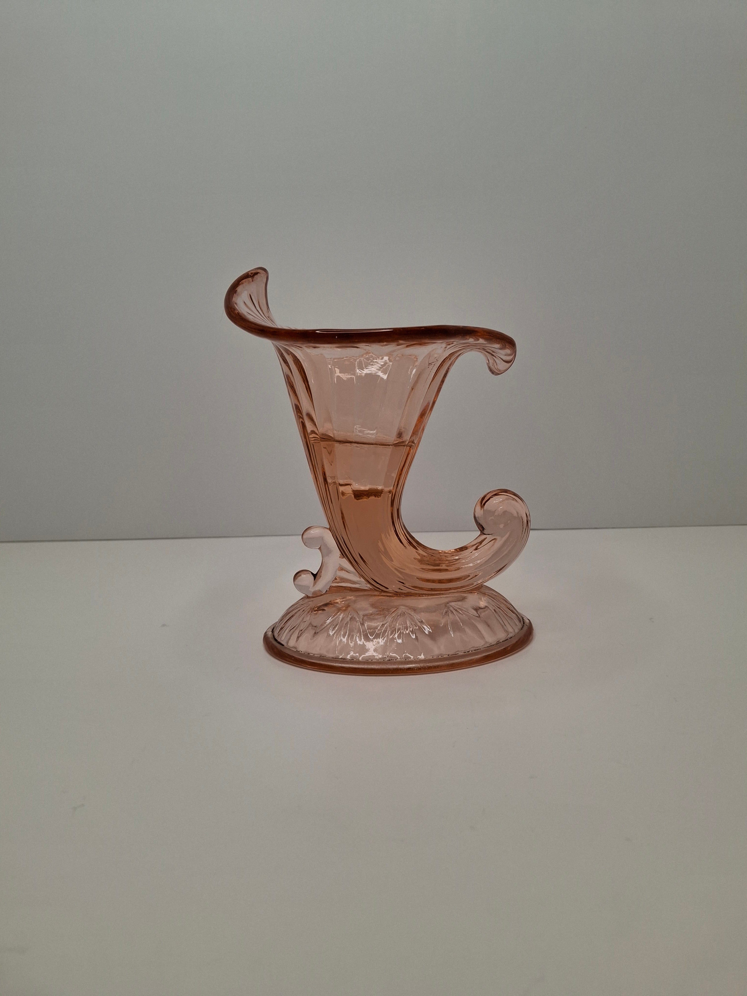 Vintage Pink Depression Glass Lot - Old Colony Open Lace Compote + Cornucopia Horn Vase, 1930s-1950s