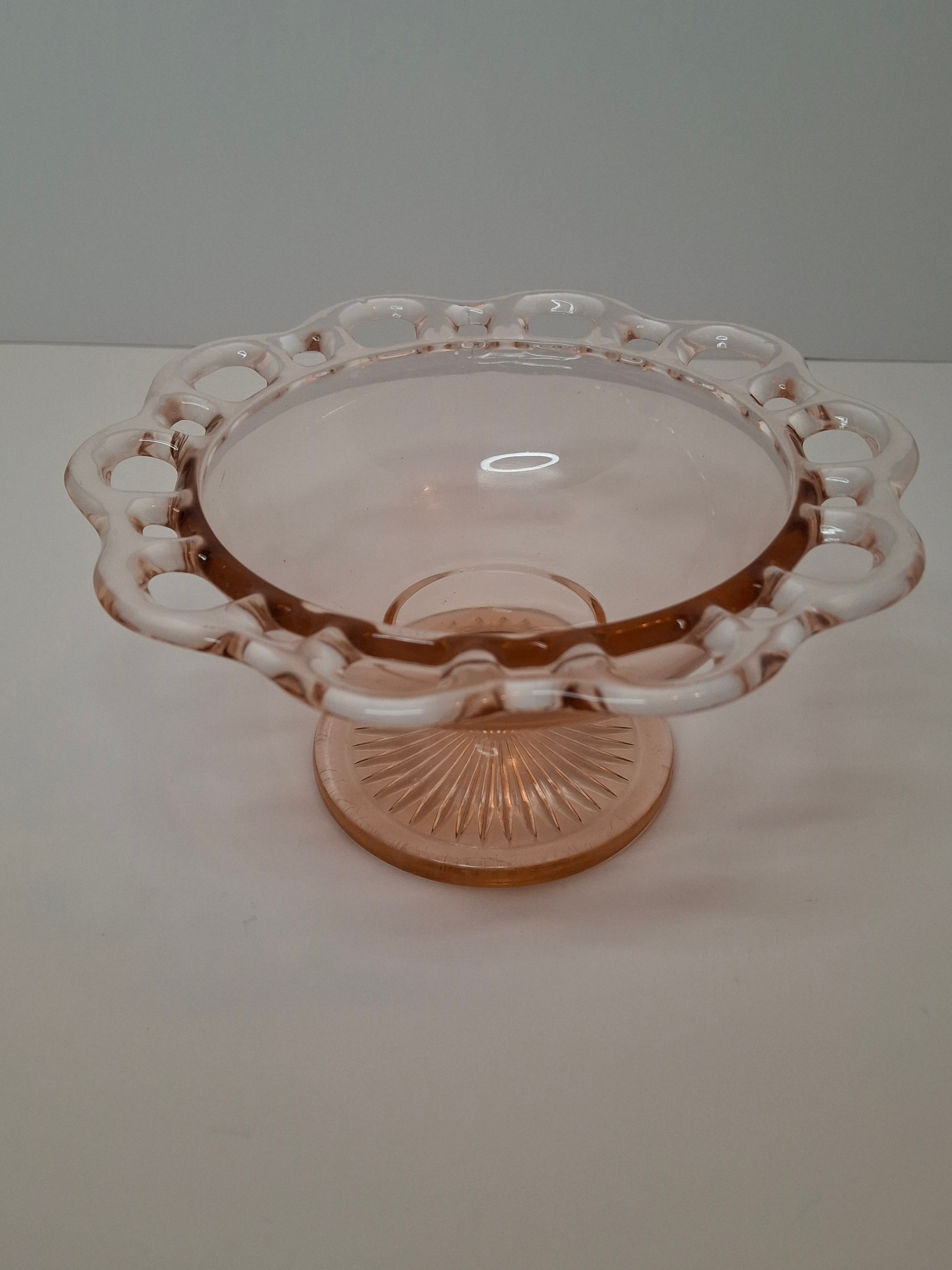 Vintage Pink Depression Glass Lot - Old Colony Open Lace Compote + Cornucopia Horn Vase, 1930s-1950s