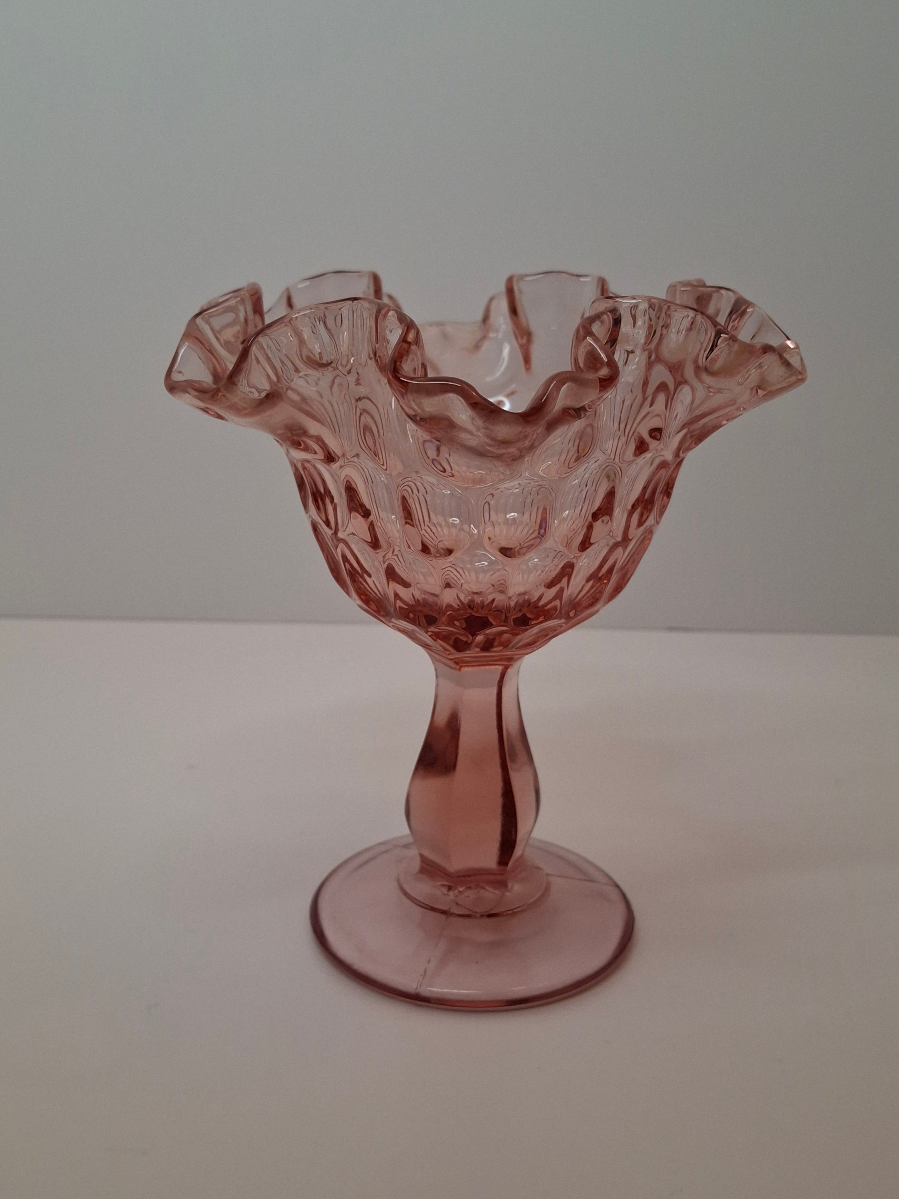 Vintage Fenton Pink Hobnail Opalescent Compote - Ruffled Rim Candy Dish - 6" Tall Pedestal Glass - Excellent Condition
