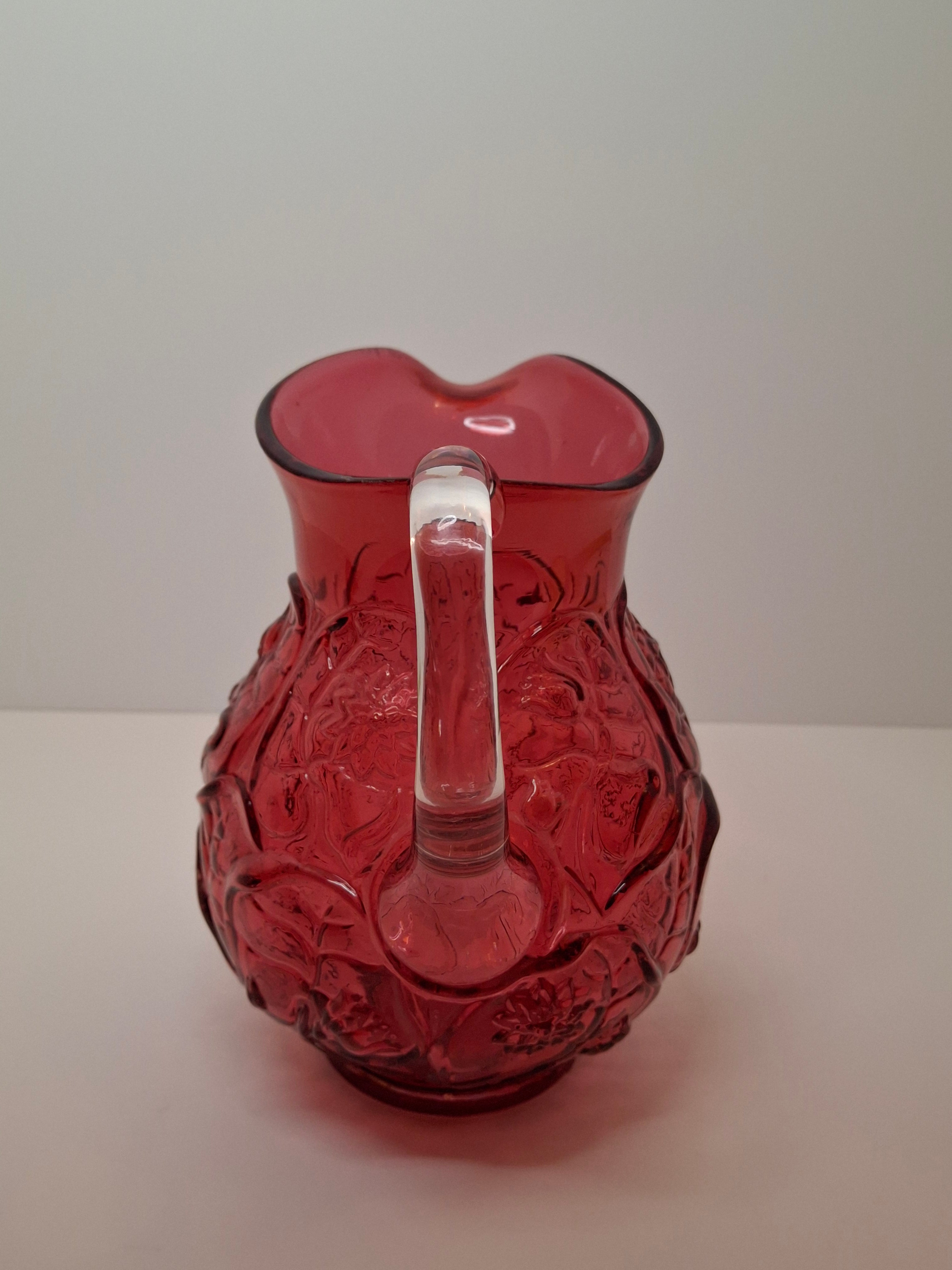 Large Vintage Fenton Cranberry Glass Pitcher with Raised Roses & Applied Clear Handle