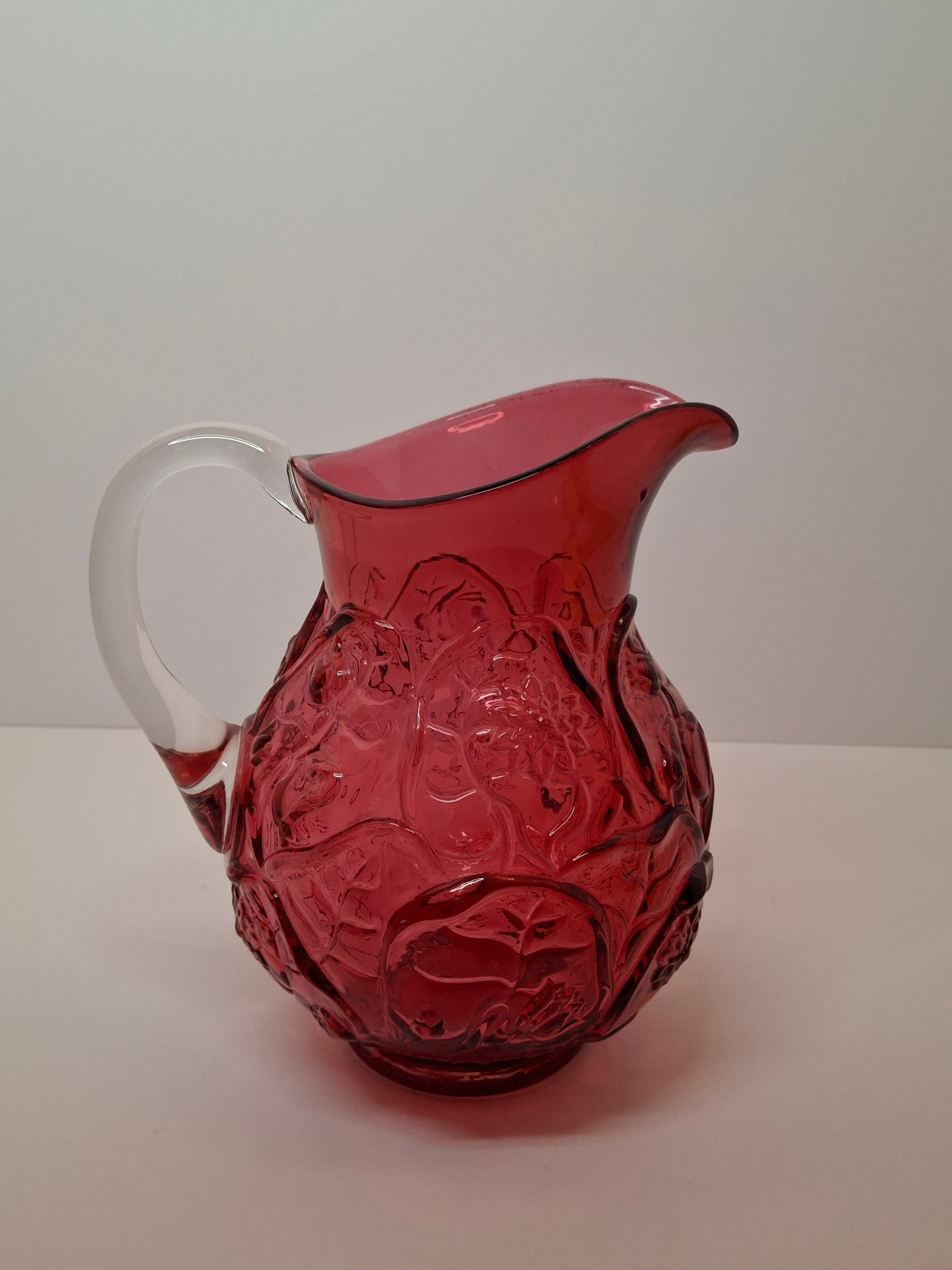 Large Vintage Fenton Cranberry Glass Pitcher with Raised Roses & Applied Clear Handle