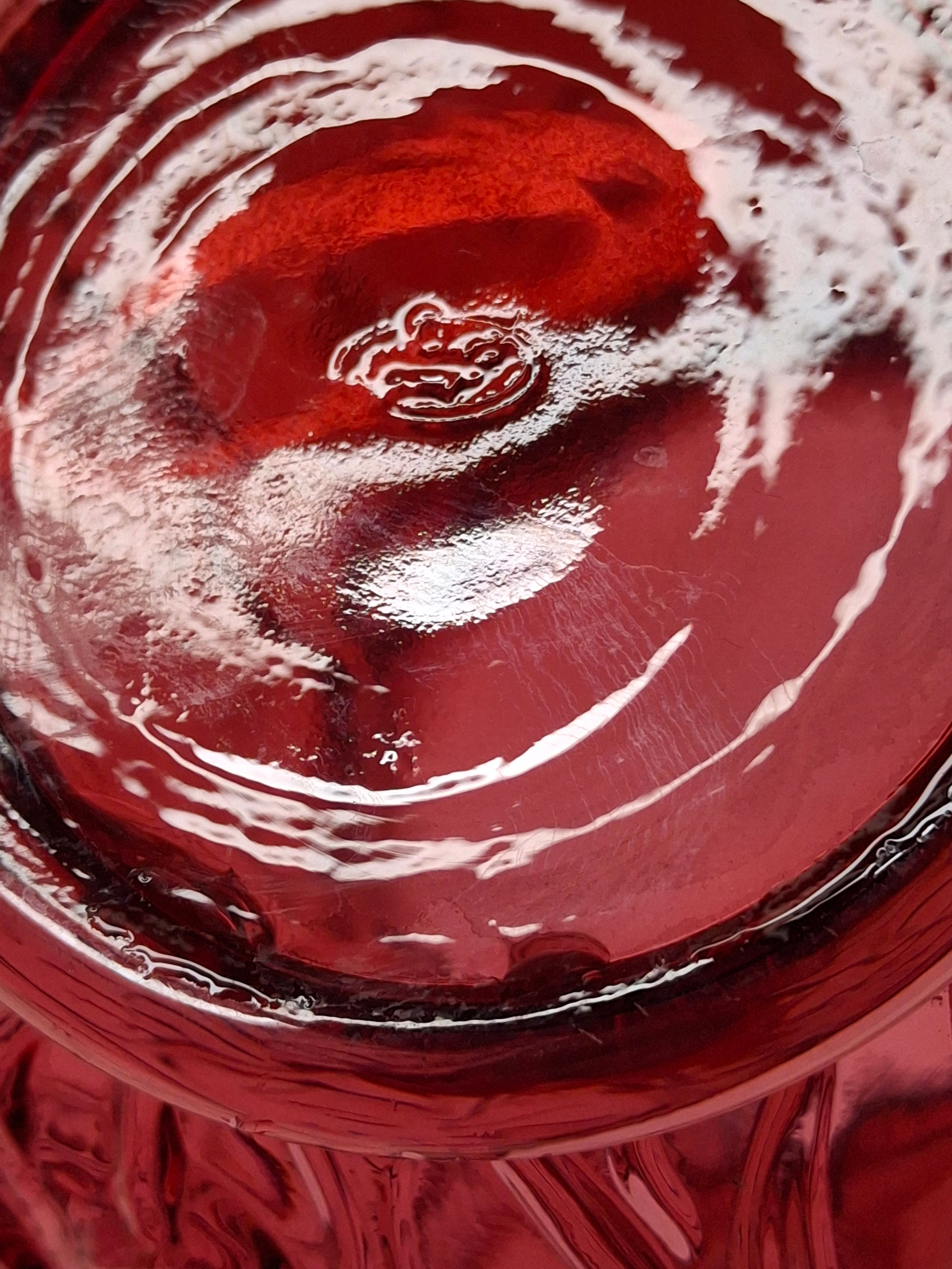 Large Vintage Fenton Cranberry Glass Pitcher with Raised Roses & Applied Clear Handle