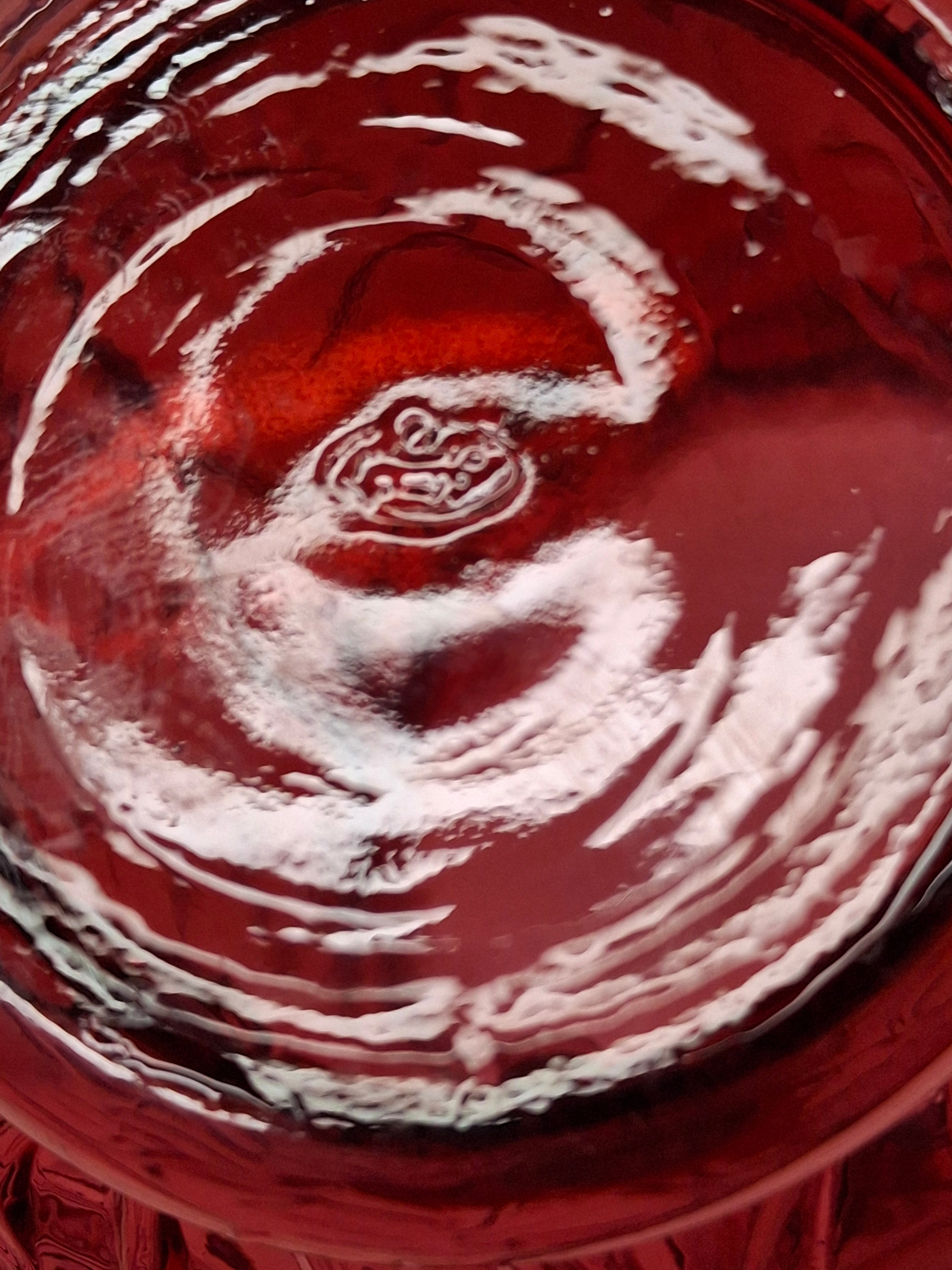 Large Vintage Fenton Cranberry Glass Pitcher with Raised Roses & Applied Clear Handle