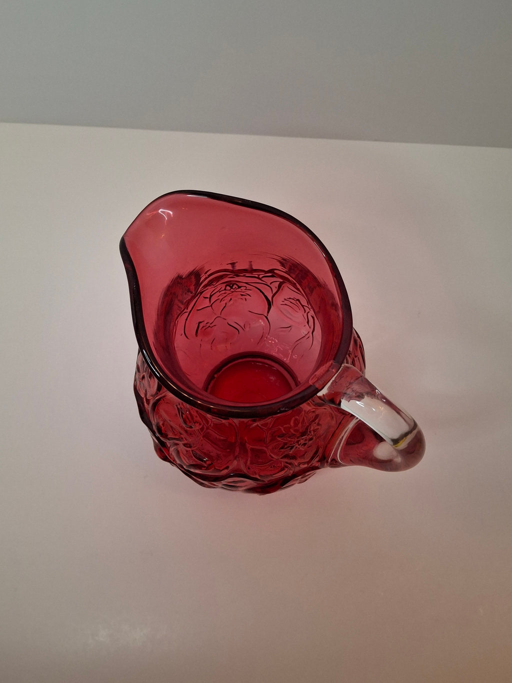 Large Vintage Fenton Cranberry Glass Pitcher with Raised Roses & Applied Clear Handle