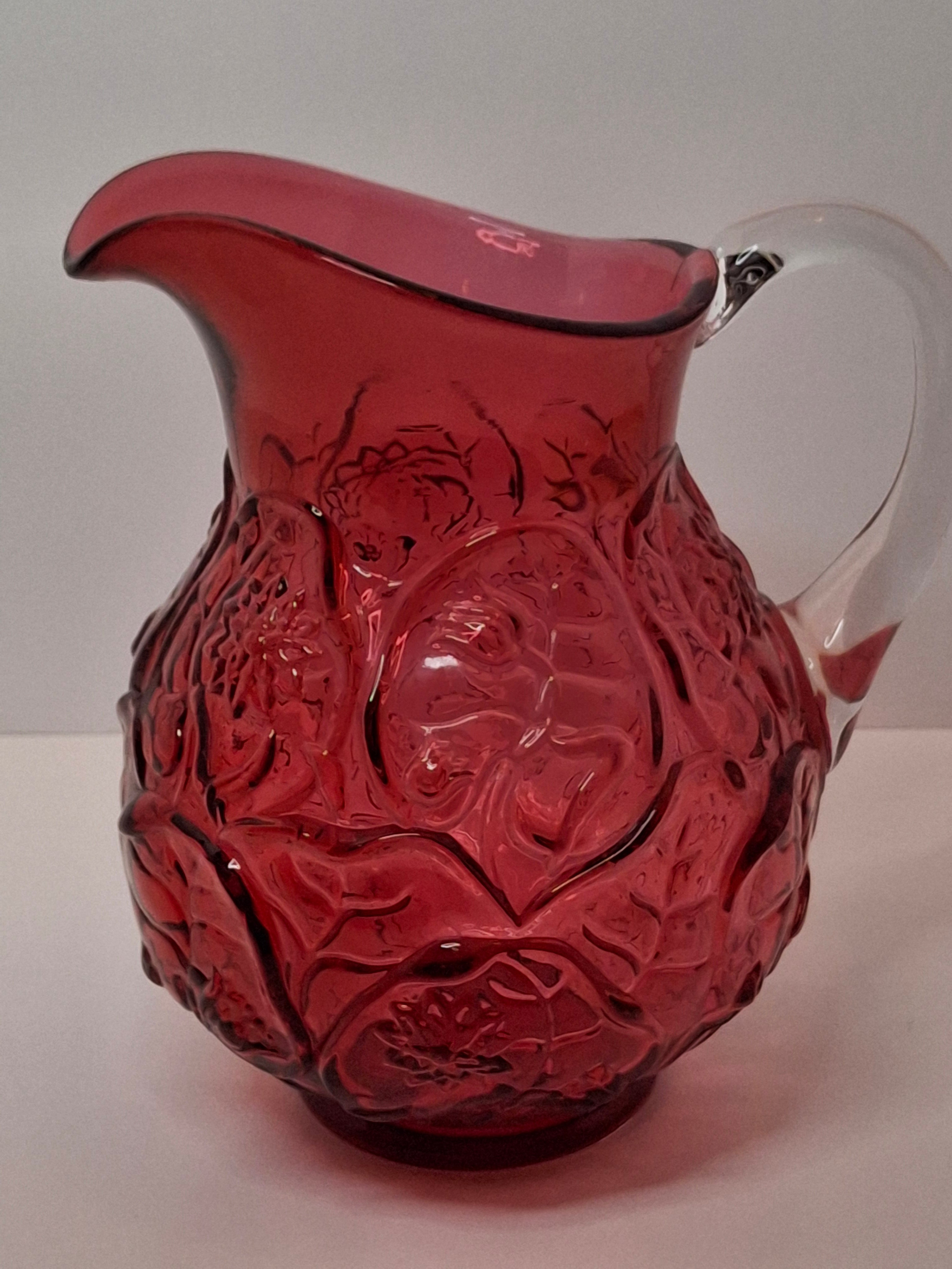 Large Vintage Fenton Cranberry Glass Pitcher with Raised Roses & Applied Clear Handle