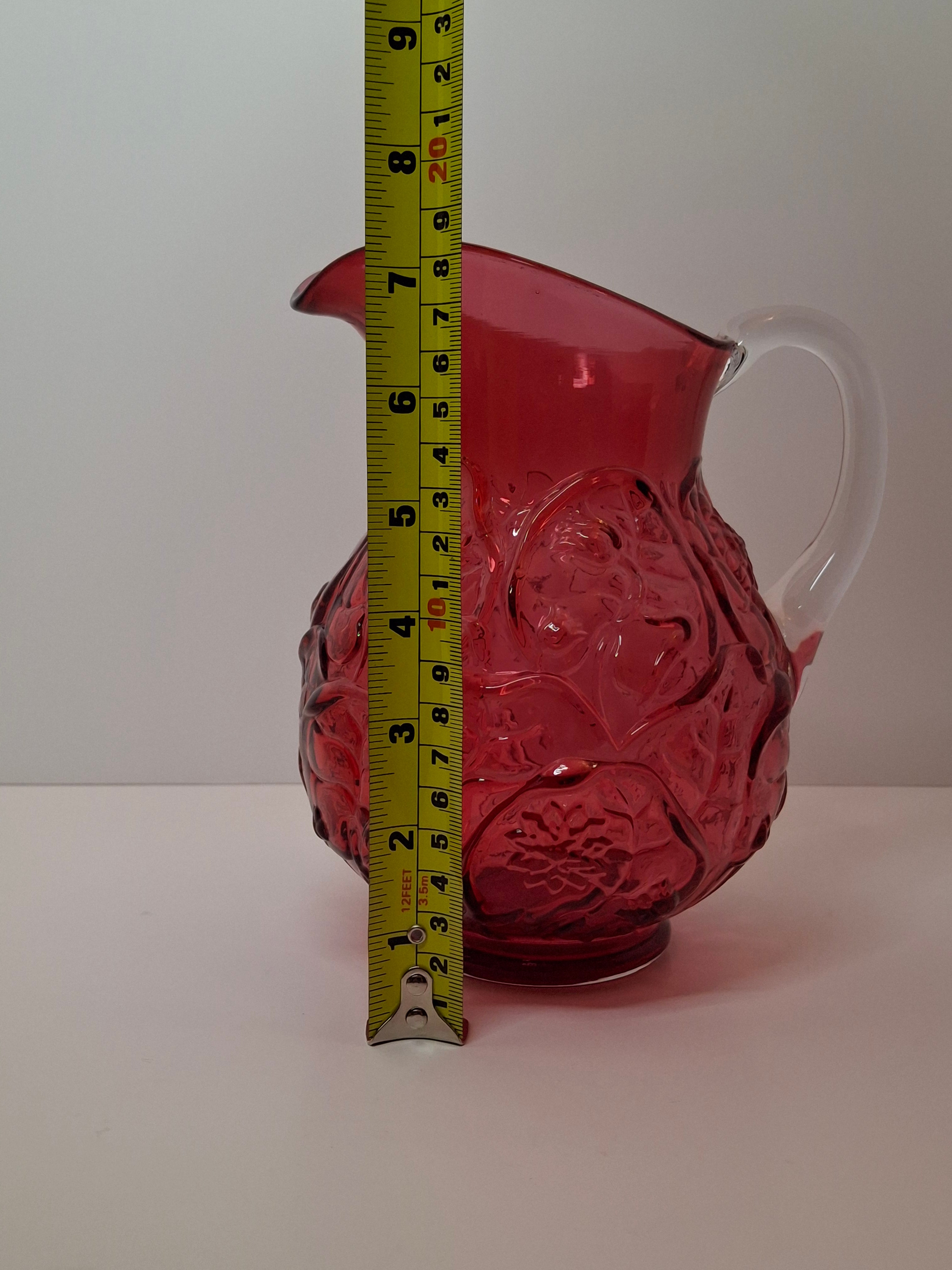 Large Vintage Fenton Cranberry Glass Pitcher with Raised Roses & Applied Clear Handle