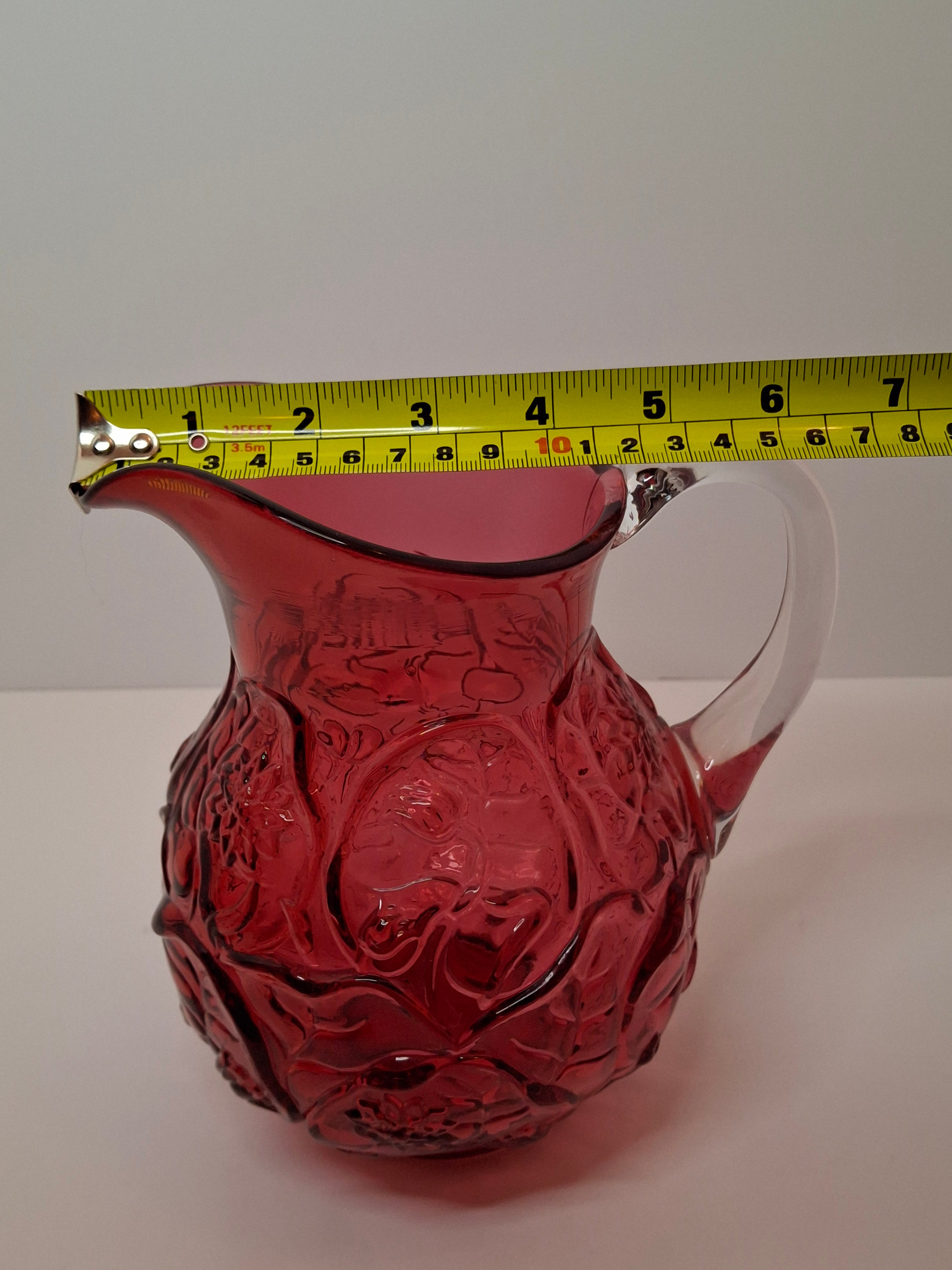 Large Vintage Fenton Cranberry Glass Pitcher with Raised Roses & Applied Clear Handle