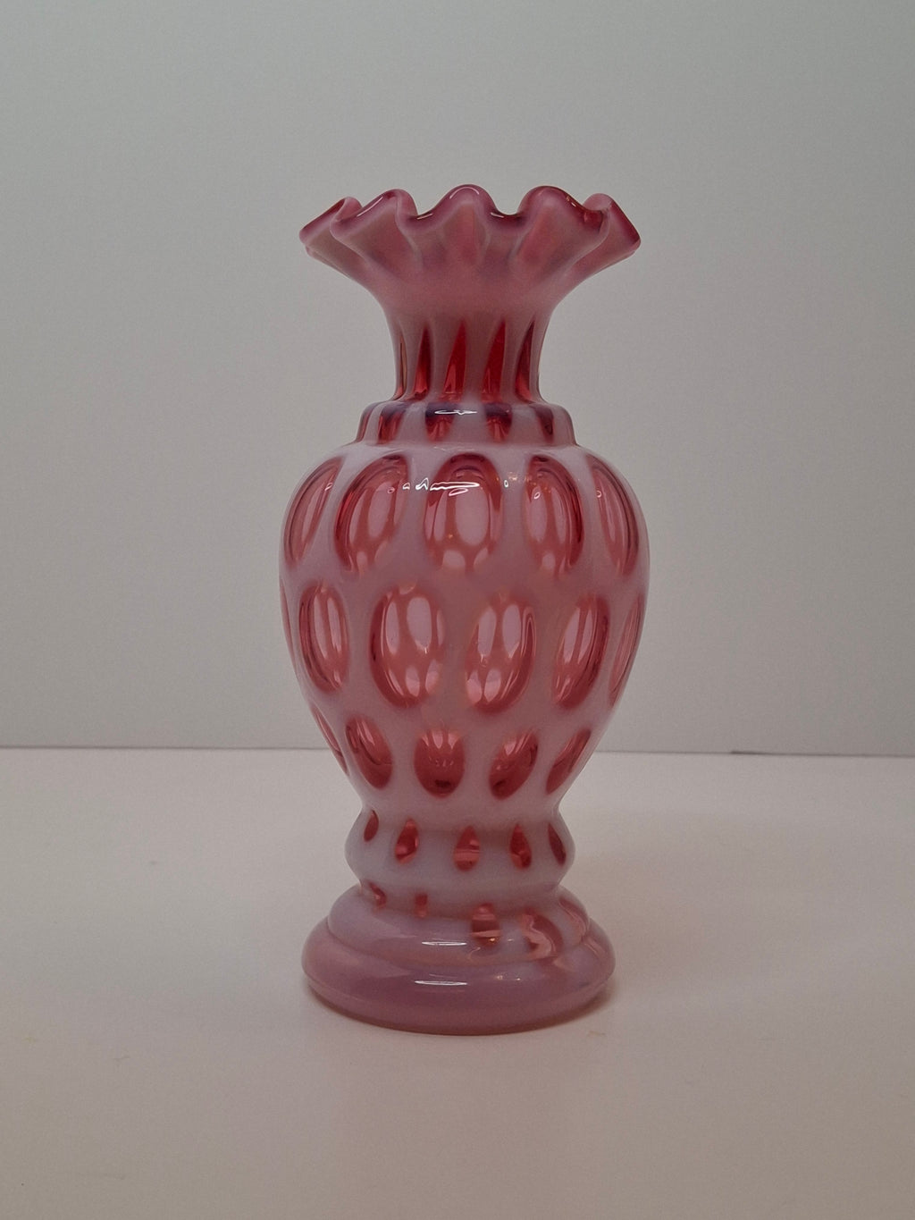 Victorian Cranberry Opalescent Coin Spot Vase Northwood Glass 6" Ruffled Rim Antique EAPG