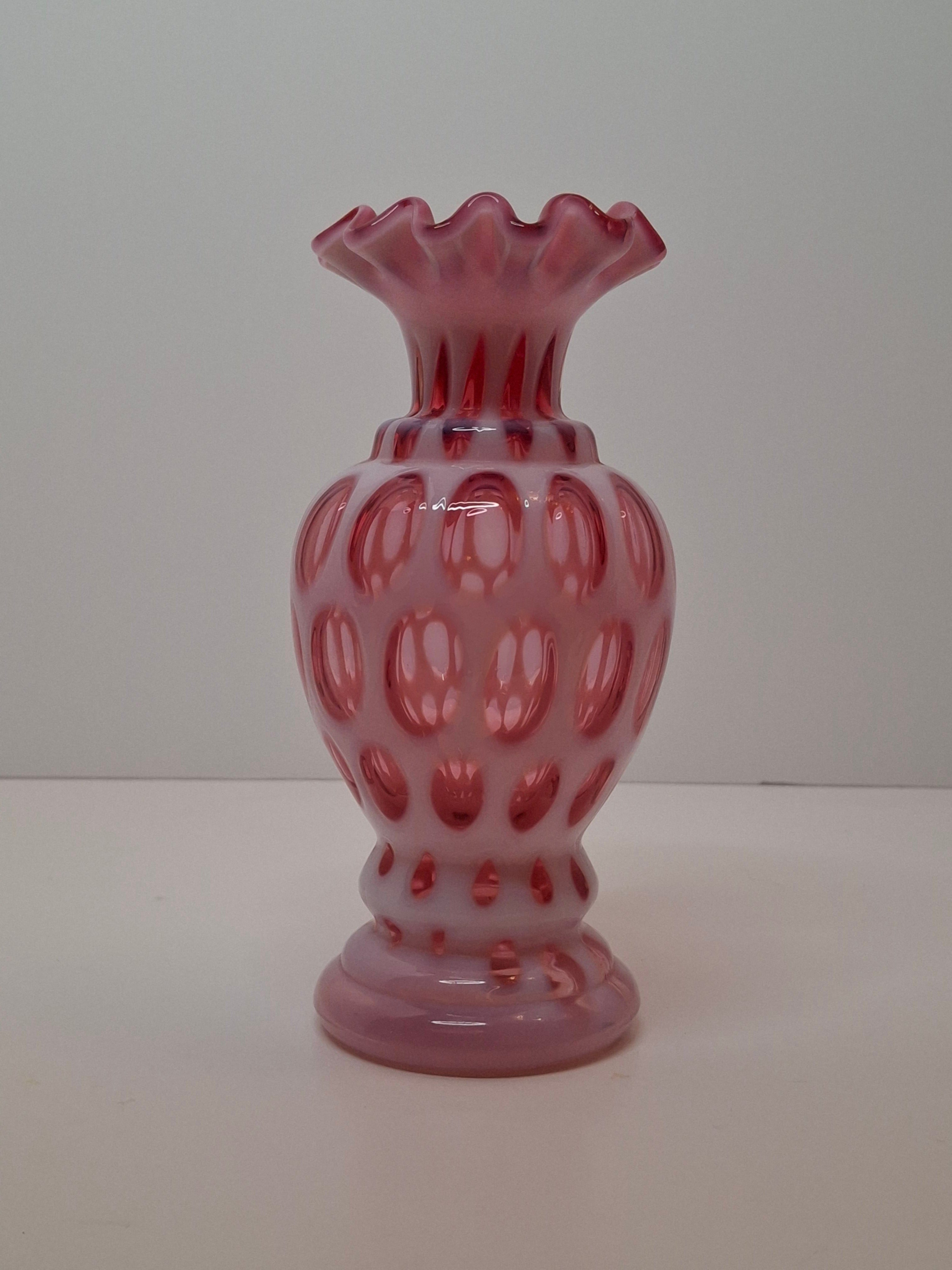 Victorian Cranberry Opalescent Coin Spot Vase Northwood Glass 6" Ruffled Rim Antique EAPG