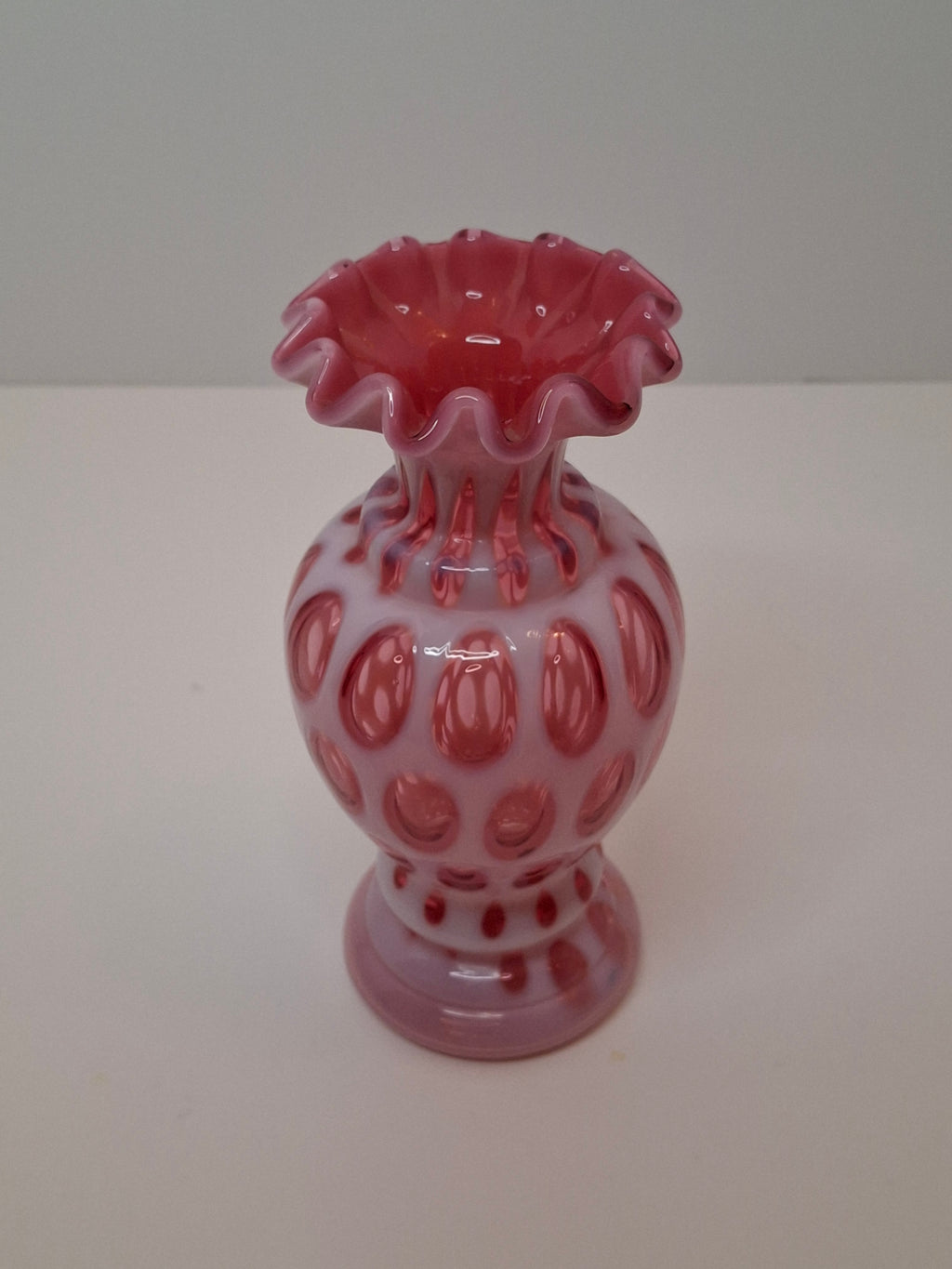 Victorian Cranberry Opalescent Coin Spot Vase Northwood Glass 6" Ruffled Rim Antique EAPG