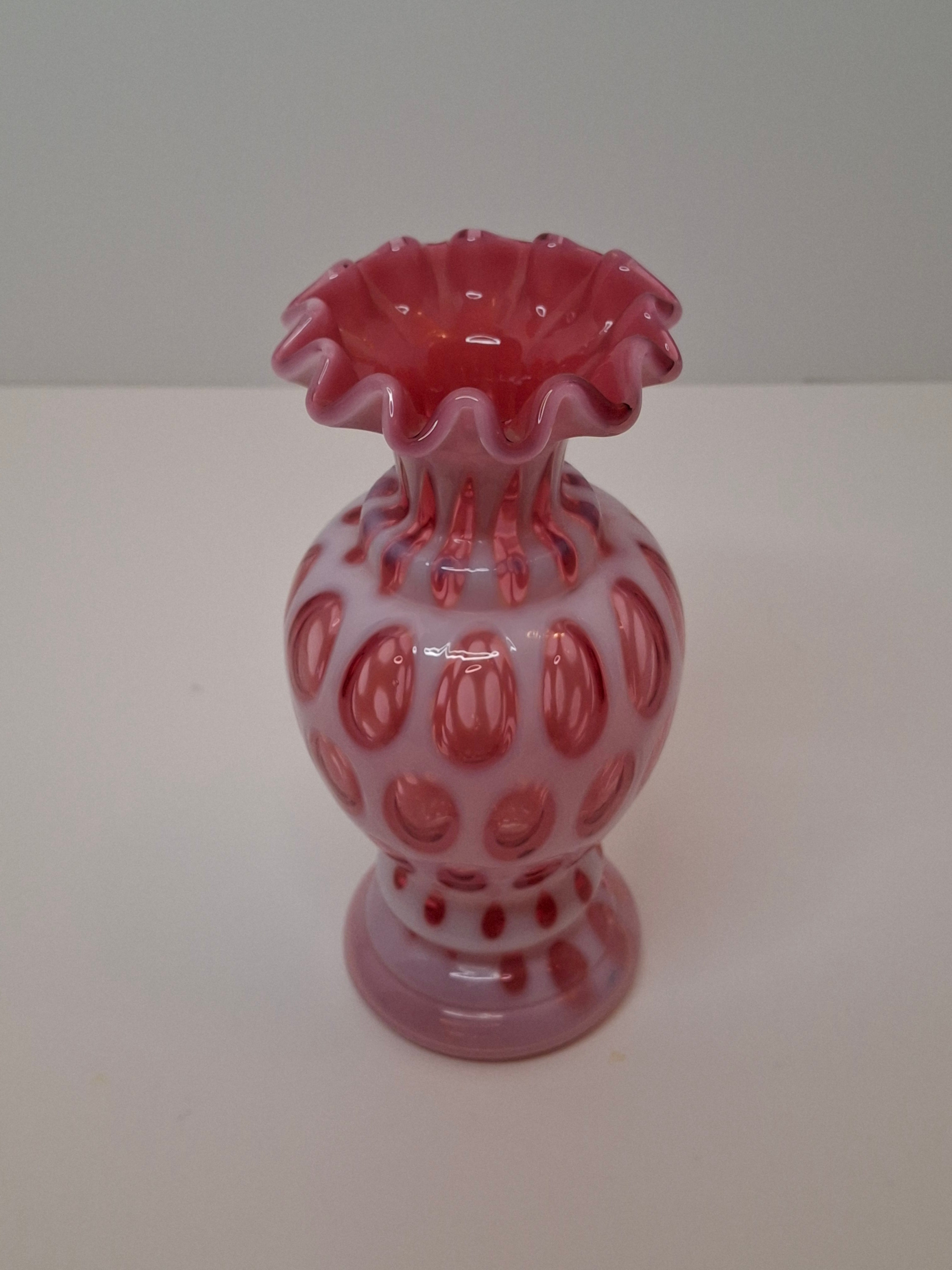 Victorian Cranberry Opalescent Coin Spot Vase Northwood Glass 6" Ruffled Rim Antique EAPG