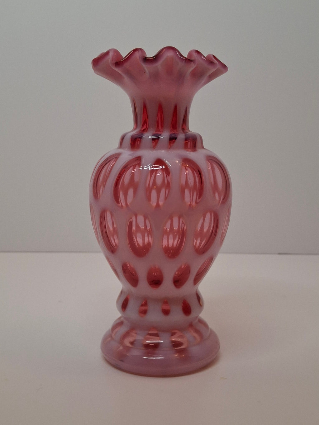 Victorian Cranberry Opalescent Coin Spot Vase Northwood Glass 6" Ruffled Rim Antique EAPG
