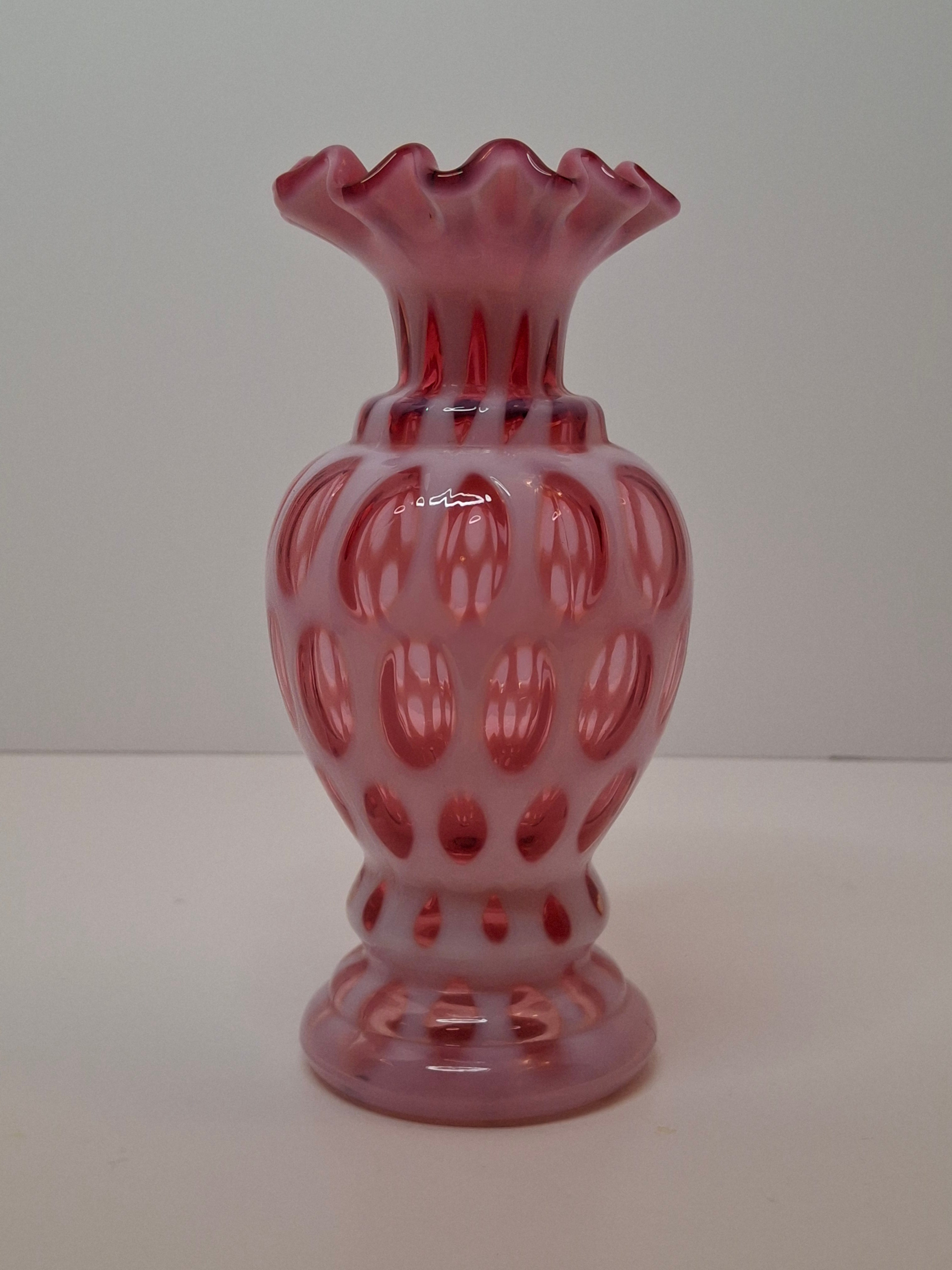 Victorian Cranberry Opalescent Coin Spot Vase Northwood Glass 6" Ruffled Rim Antique EAPG