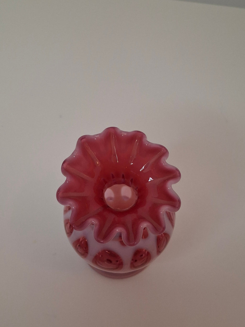 Victorian Cranberry Opalescent Coin Spot Vase Northwood Glass 6" Ruffled Rim Antique EAPG