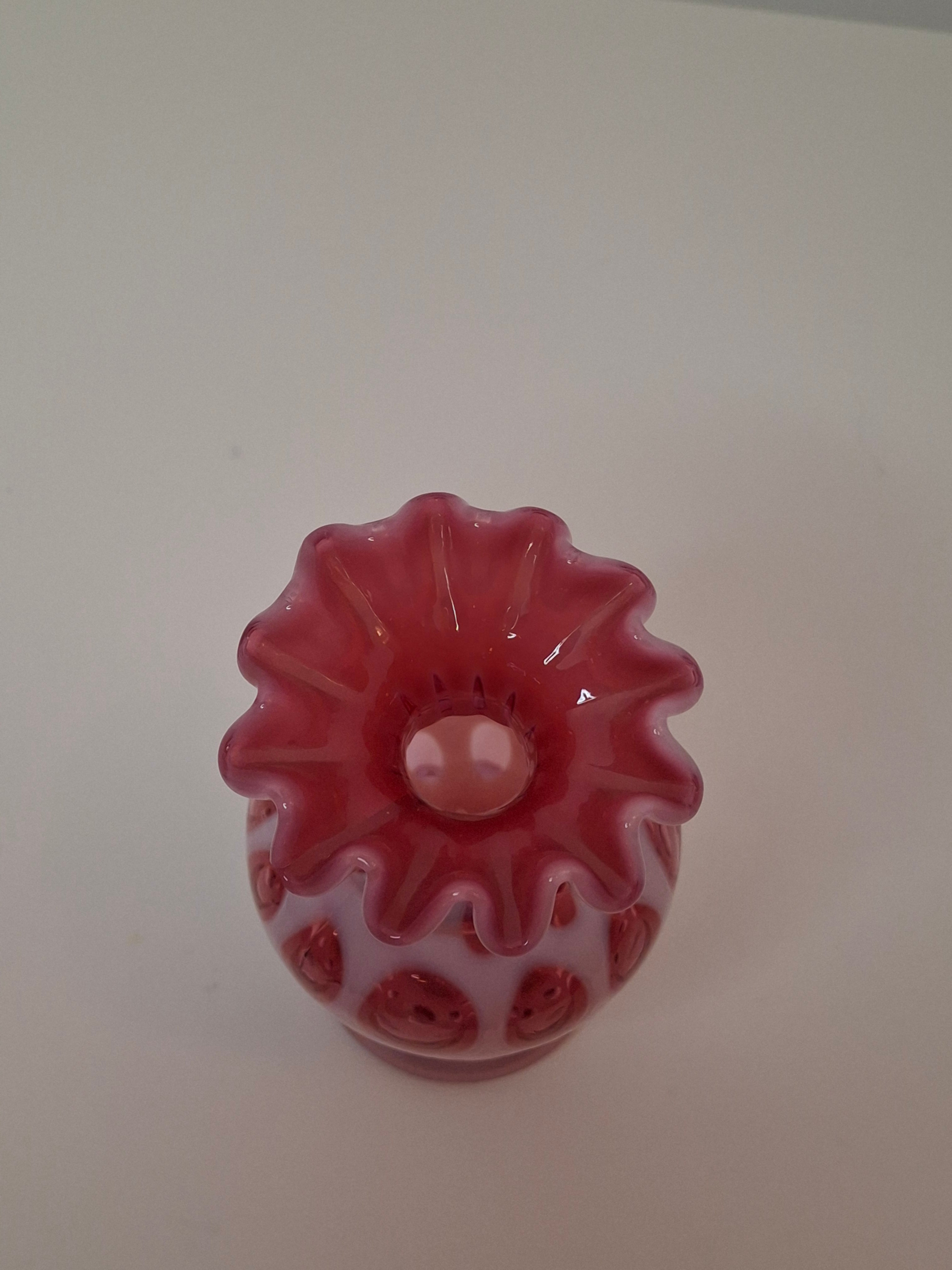 Victorian Cranberry Opalescent Coin Spot Vase Northwood Glass 6" Ruffled Rim Antique EAPG