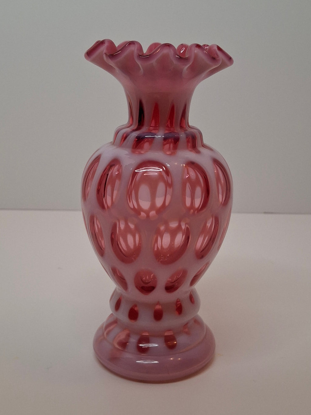 Victorian Cranberry Opalescent Coin Spot Vase Northwood Glass 6" Ruffled Rim Antique EAPG