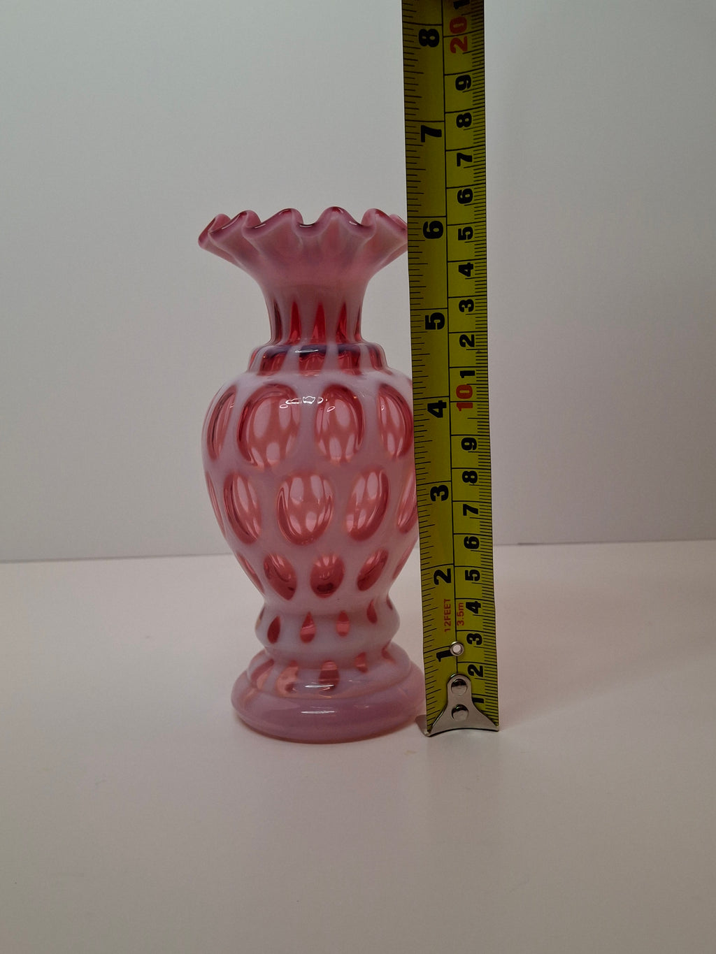 Victorian Cranberry Opalescent Coin Spot Vase Northwood Glass 6" Ruffled Rim Antique EAPG