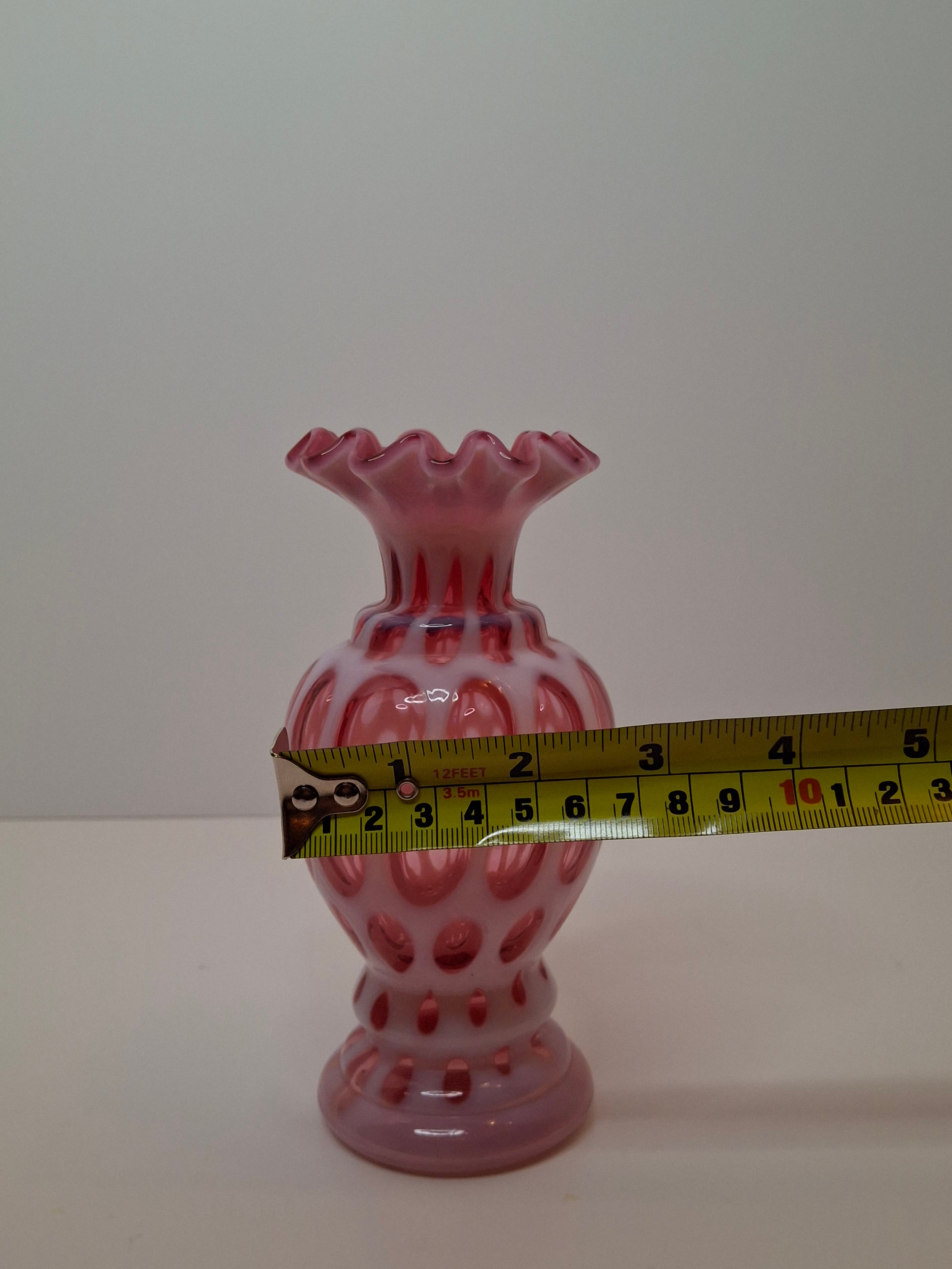 Victorian Cranberry Opalescent Coin Spot Vase Northwood Glass 6" Ruffled Rim Antique EAPG