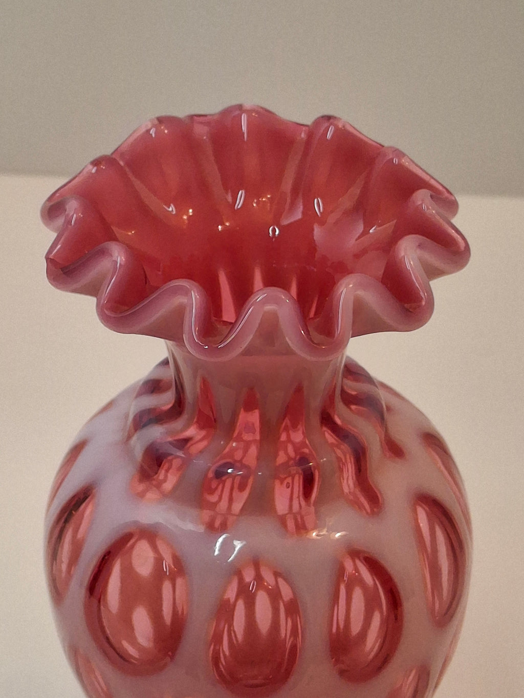 Victorian Cranberry Opalescent Coin Spot Vase Northwood Glass 6" Ruffled Rim Antique EAPG