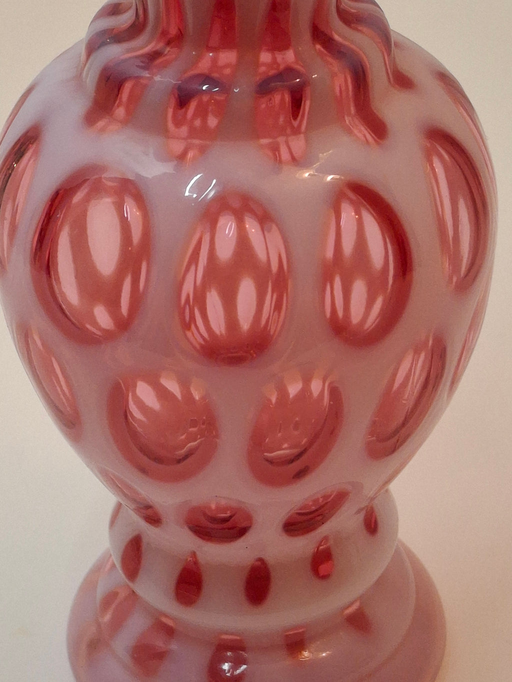 Victorian Cranberry Opalescent Coin Spot Vase Northwood Glass 6" Ruffled Rim Antique EAPG
