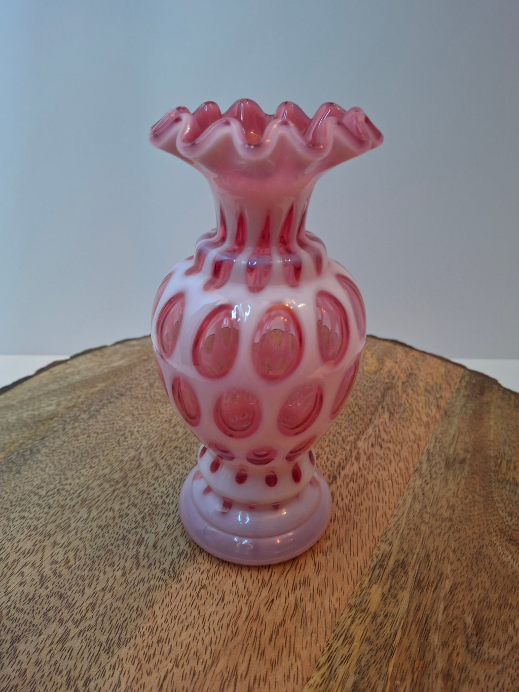 Victorian Cranberry Opalescent Coin Spot Vase Northwood Glass 6" Ruffled Rim Antique EAPG